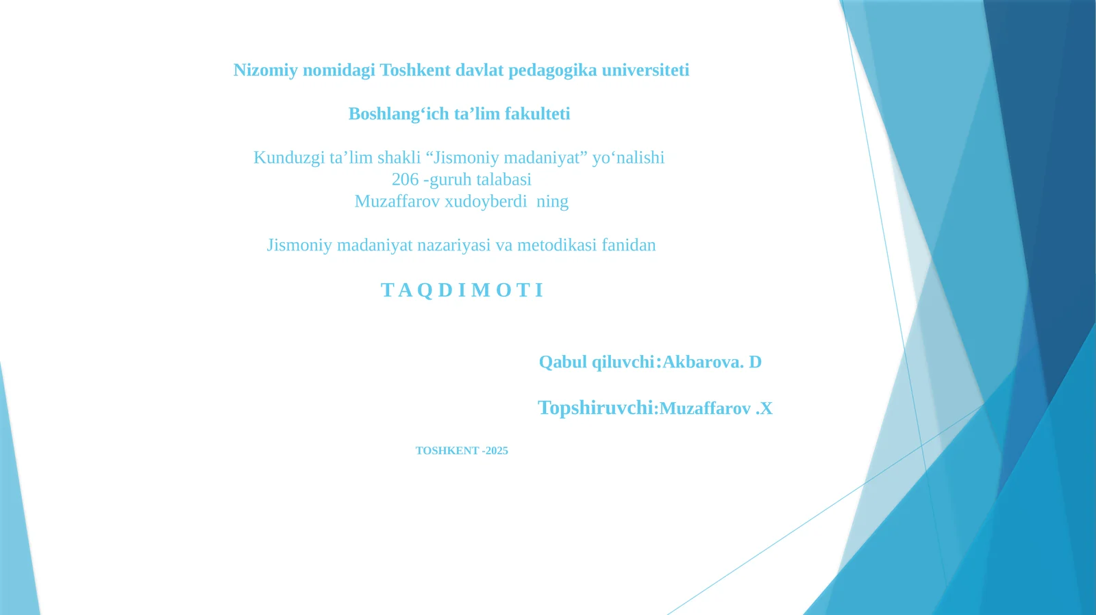 Jismoniy madaniyat nazariyasi va metodikasi fanidan TAQDIMOT