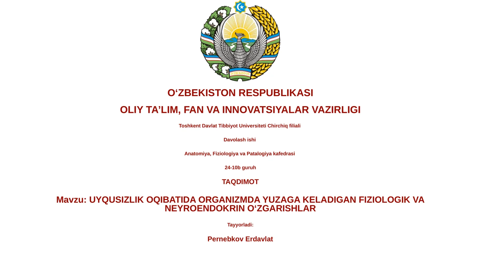 UYQUSIZLIK OQIBATIDA ORGANIZMDA YUZAGA KELADIGAN FIZIOLOGIK VA NEYROENDOKRIN O‘ZGARISHLAR