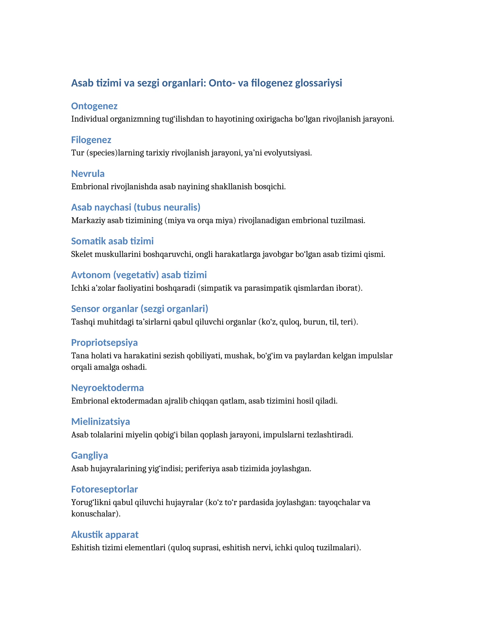 Asab tizimi va sezgi organlari: Onto- va filogenez glossariysi