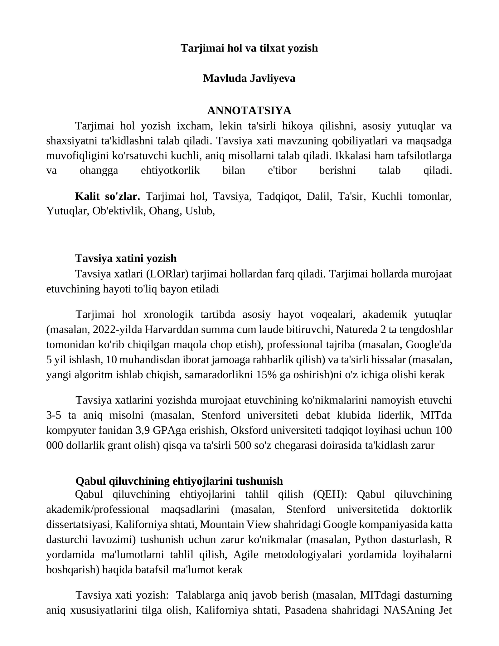 Tarjimai hol va tilxat yozish