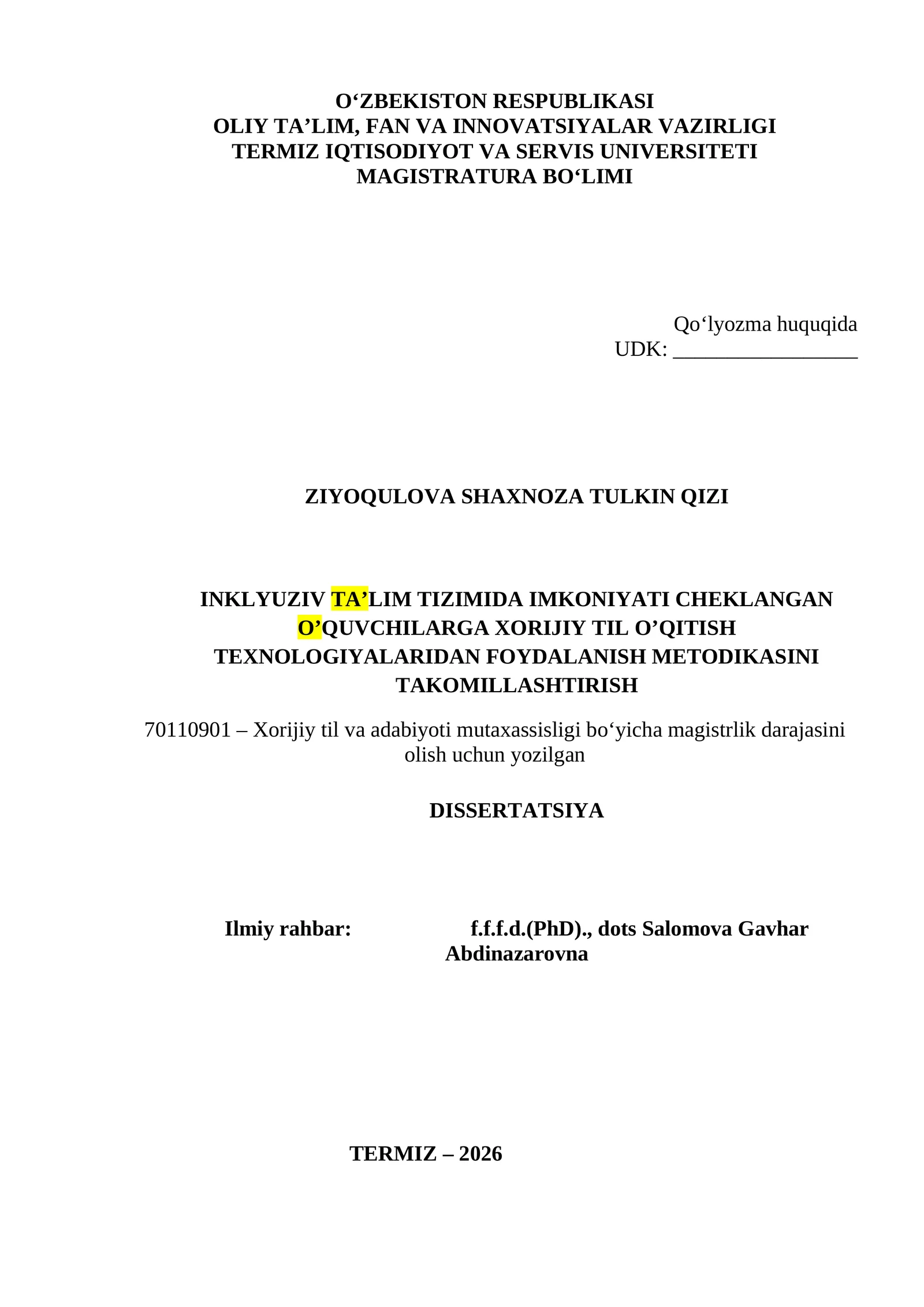 Xorijiy til vа аdаbiyoti mutаxаssisligi bo‘yichа mаgistrlik