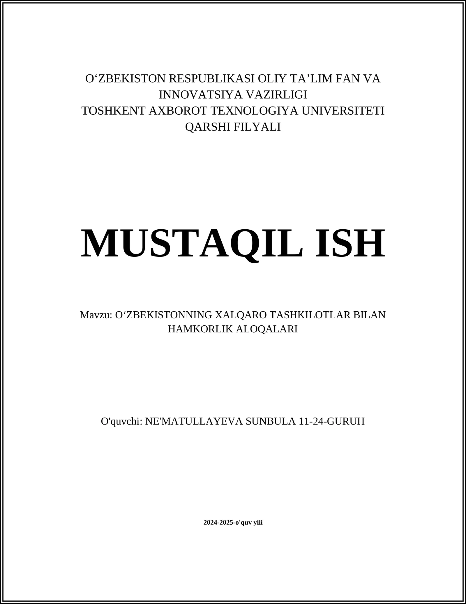 OʻZBEKISTONNING XALQARO TASHKILOTLAR BILAN HAMKORLIK ALOQALARI