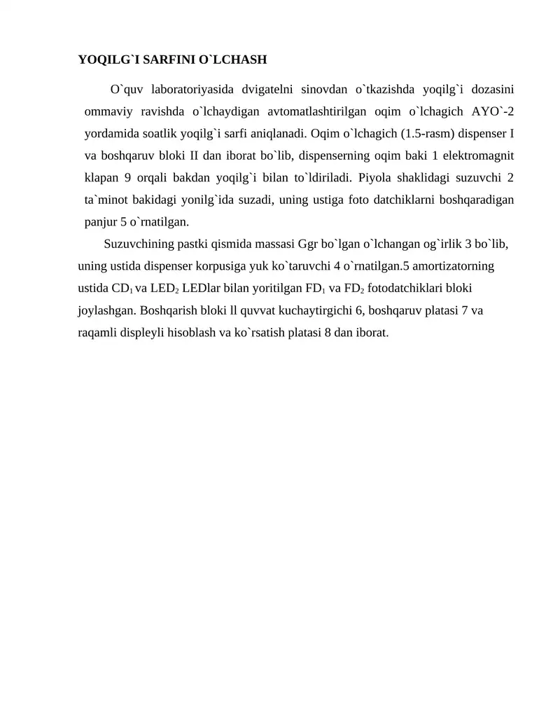 O`quv laboratoriyasida dvigatelni sinovdan o`tkazishda yoqilg`i sarfini o`lchash