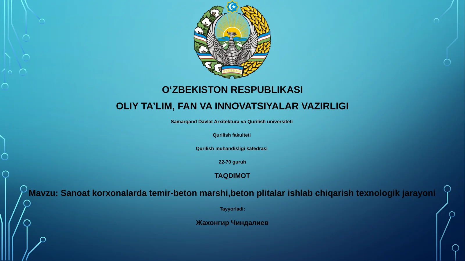 Sanoat korxonalarda temir-beton marshi,beton plitalar ishlab chiqarish texnologik jarayoni