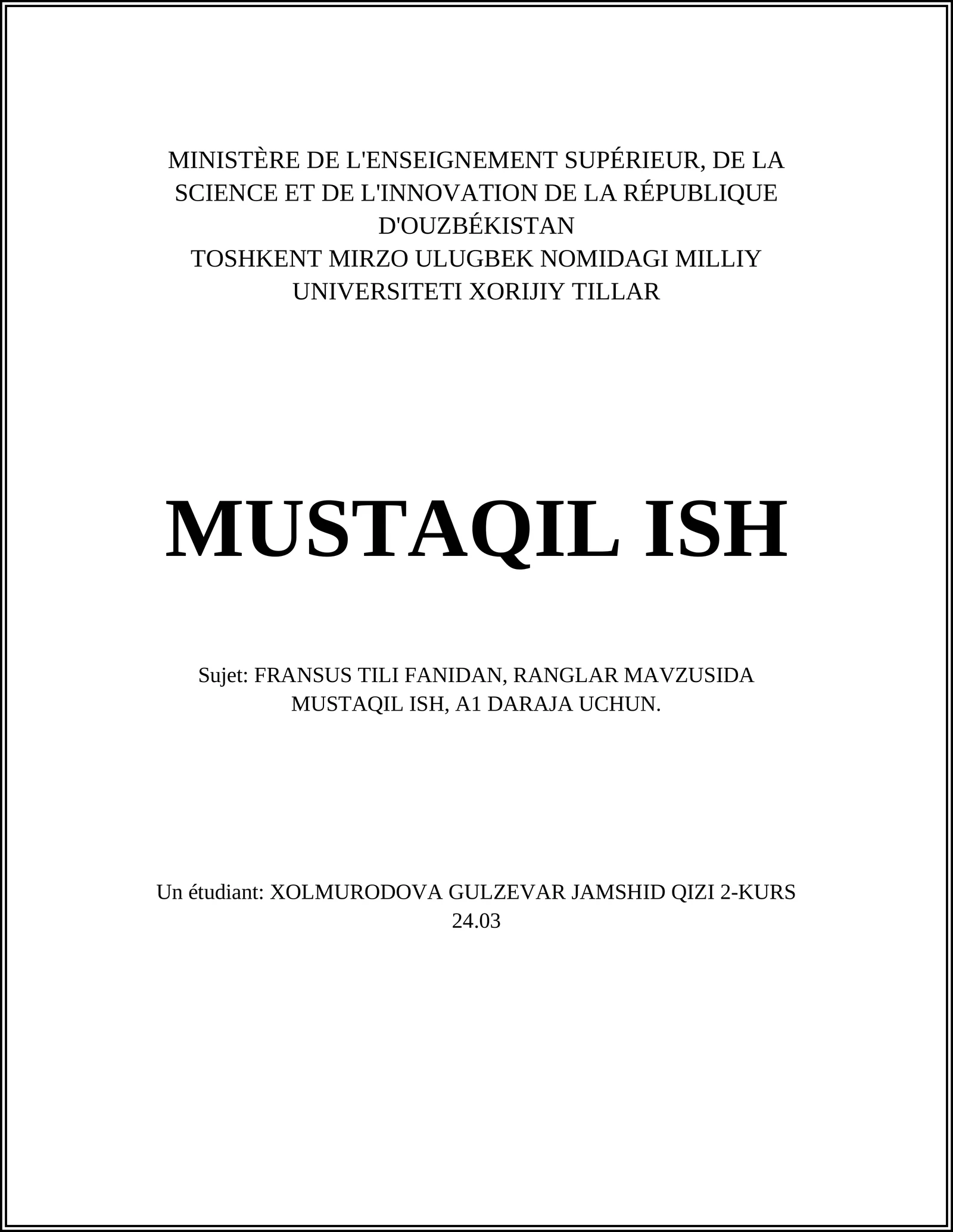 FRANSUS TILI FANIDAN, RANGLAR MAVZUSIDA MUSTAQIL ISH, A1 DARAJA UCHUN