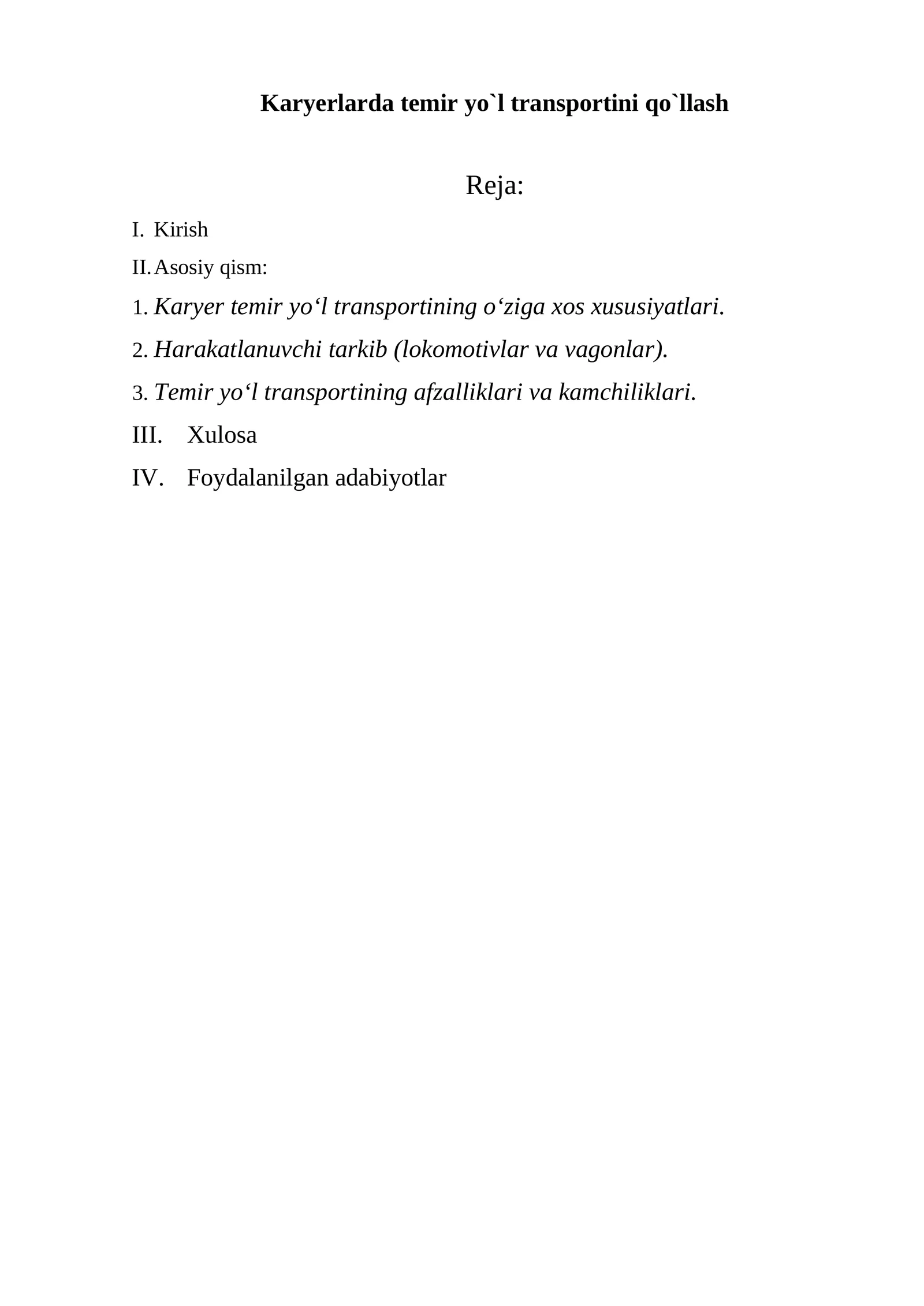 Karyerlarda temir yo`l transportini qo`llash