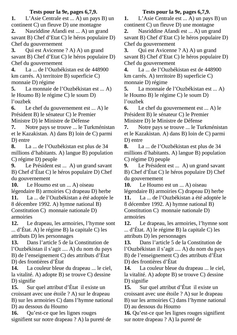 Tests pour la 9e, pages 6,7,9