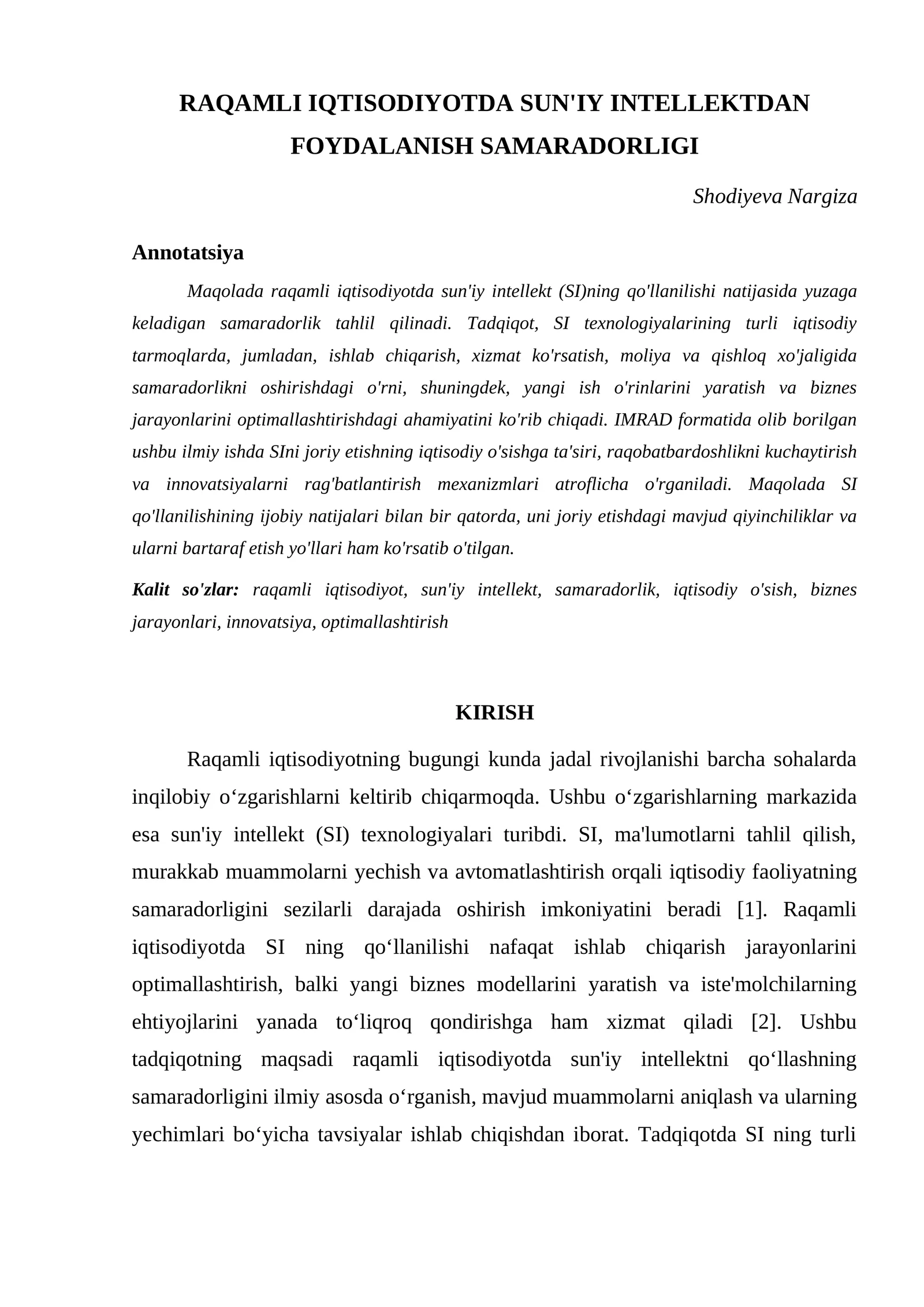 RAQAMLI IQTISODIYOTDA SUN'IY INTELLEKTDAN FOYDALANISH SAMARADORLIGI