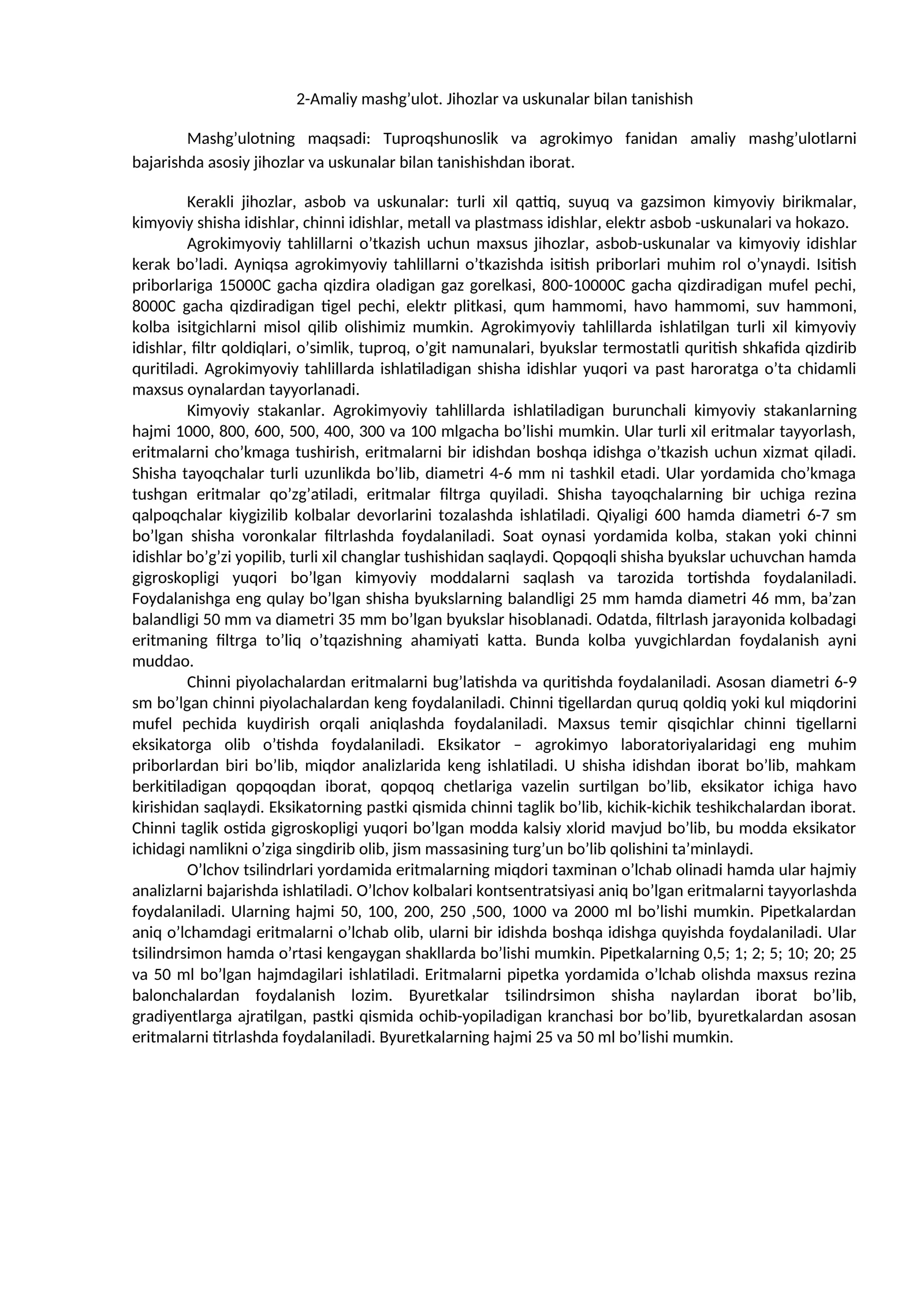 Amaliy mashg’ulot. Jihozlar va uskunalar bilan tanishish