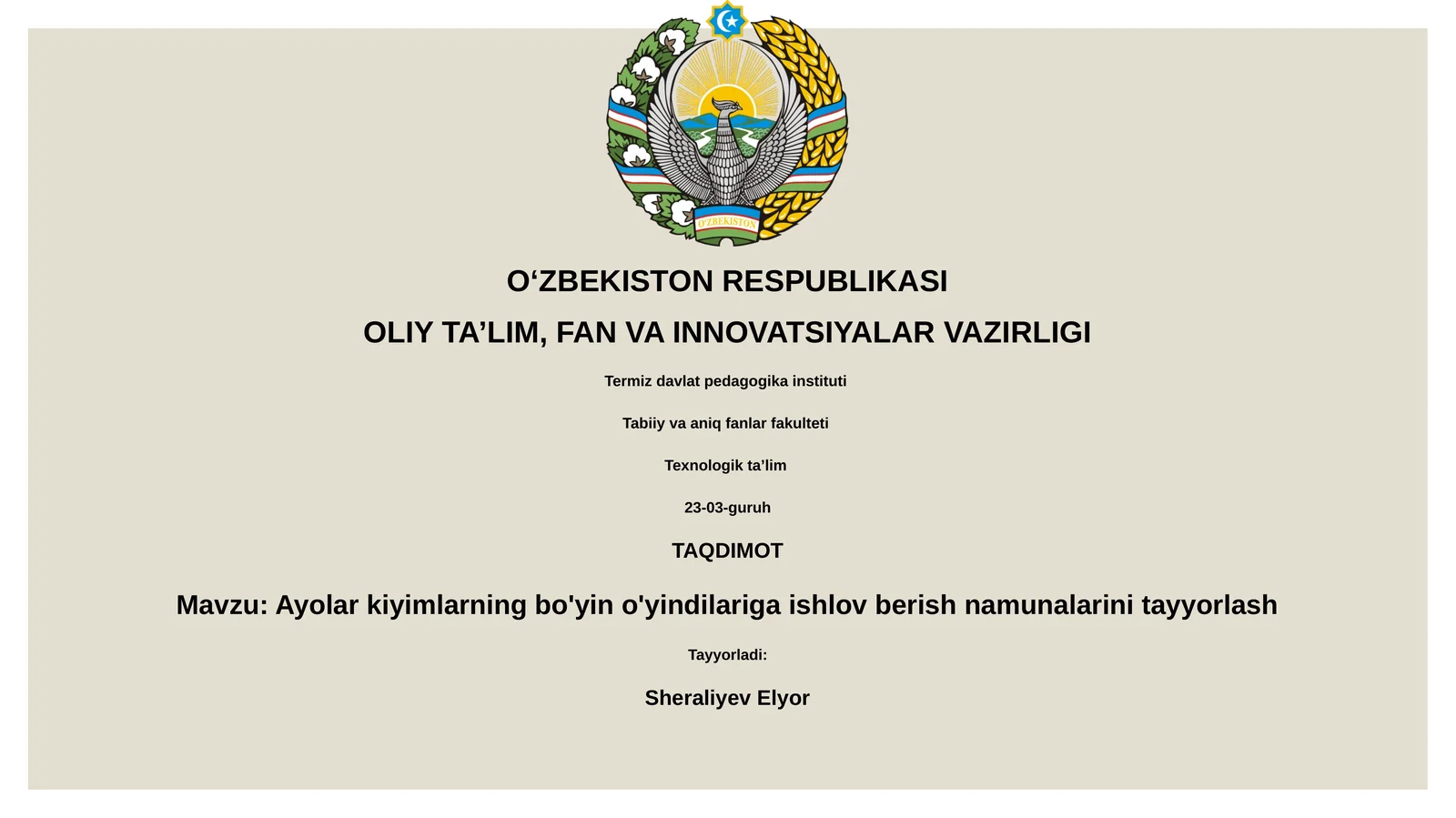 Ayolar kiyimlarning bo'yin o'yindilariga ishlov berish namunalarini tayyorlash