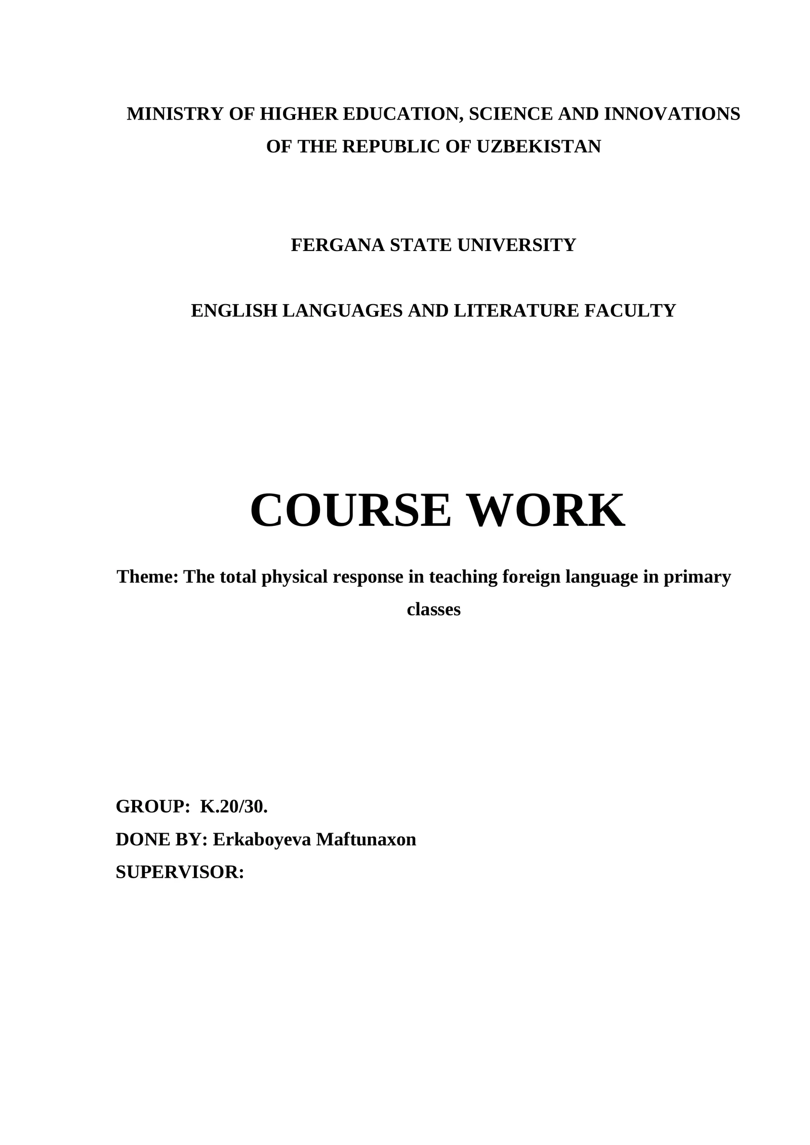 Course Work: The Total Physical Response in Teaching Foreign Language in Primary Classes