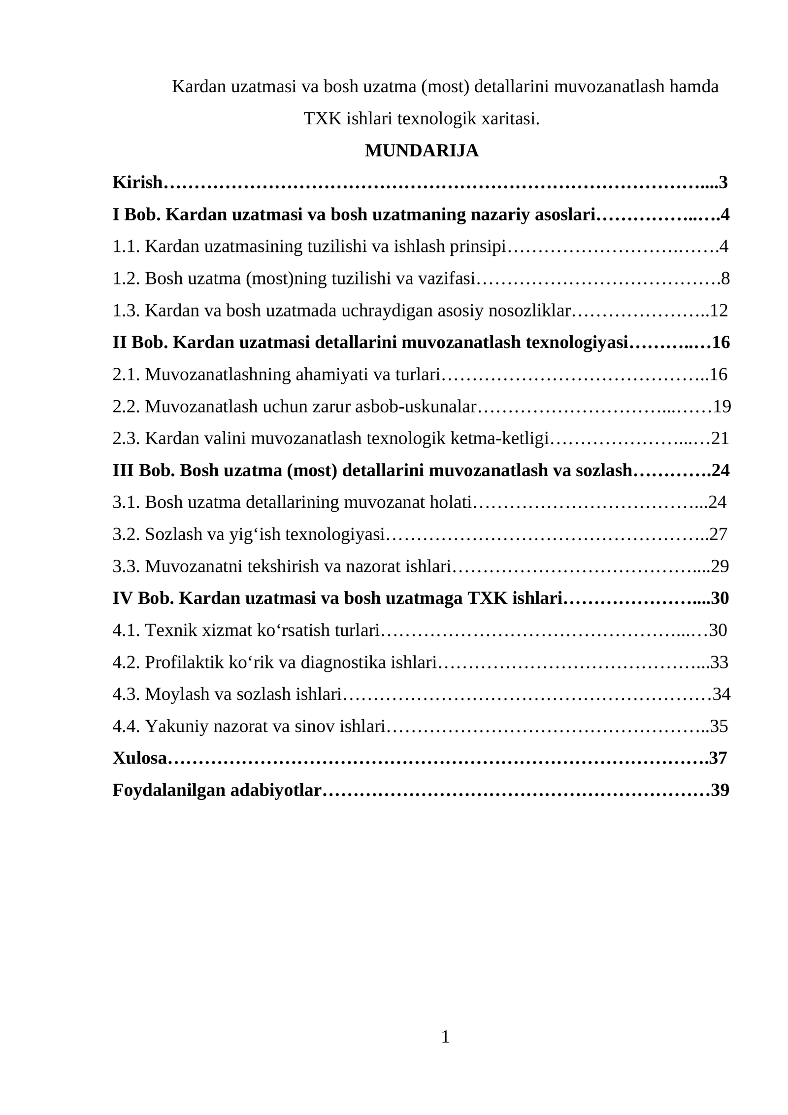 Kardan uzatmasi va bosh uzatma (most) detallarini muvozanatlash hamda TXK ishlari texnologik xaritasi