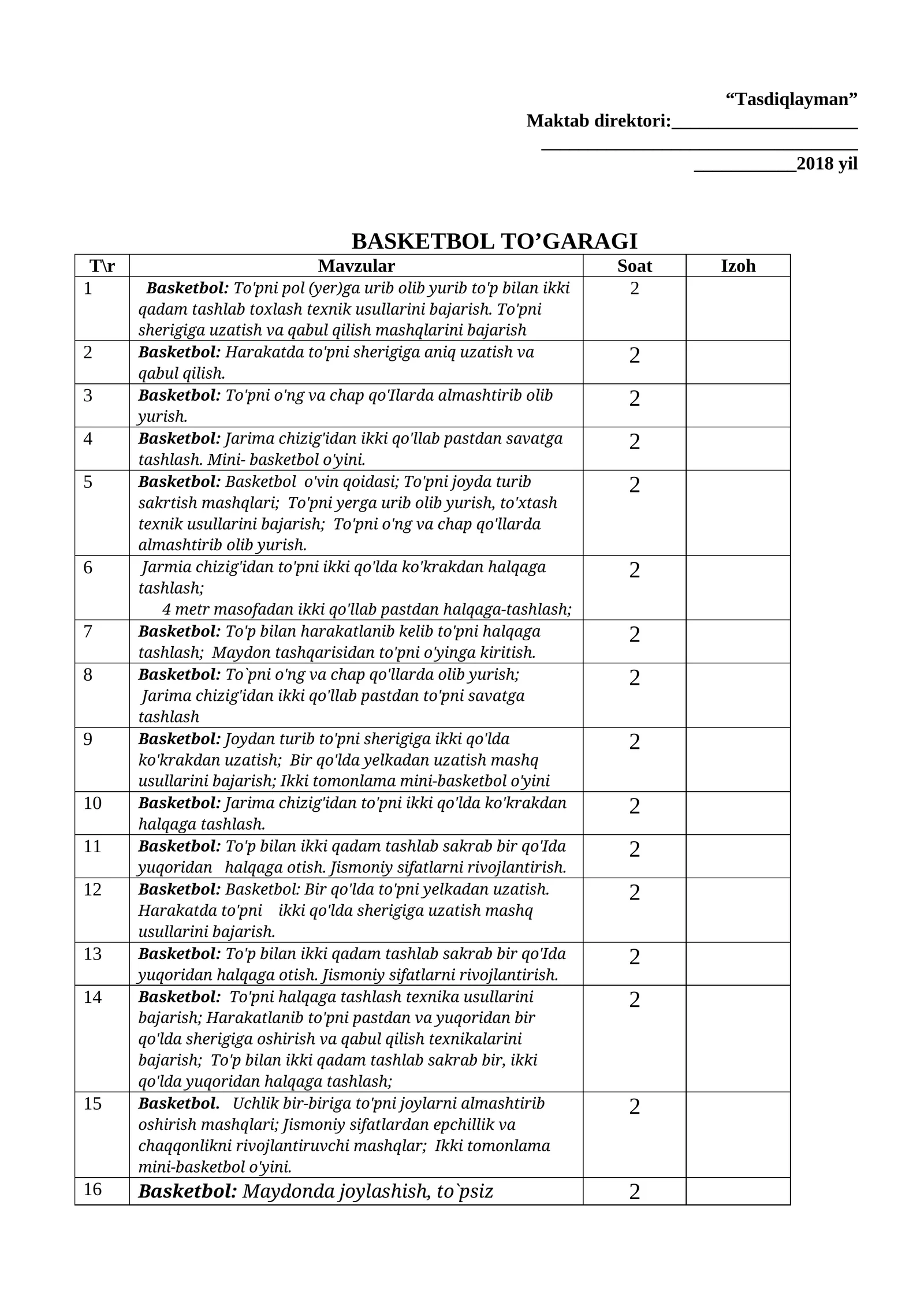 Basketbol to'garak ish rejasi