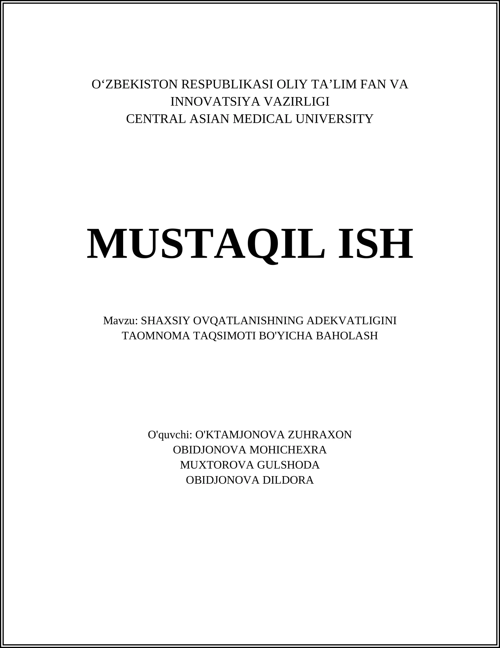 SHAXSIY OVQATLANISHNING ADEKVATLIGINI TAOMNOMA TAQSIMOTI BO'YICHA BAHOLASH