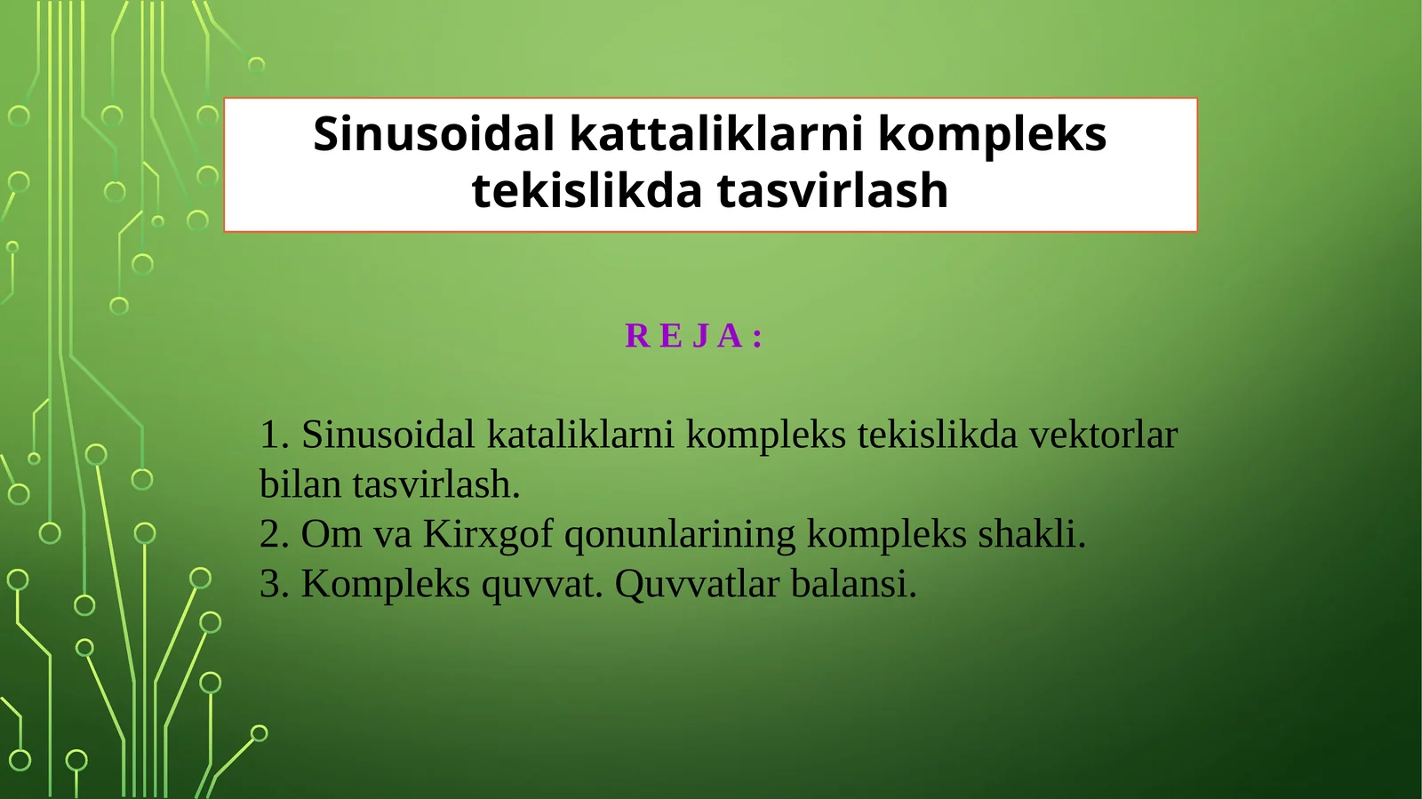 Sinusoidal kattaliklarni kompleks tekislikda tasvirlash