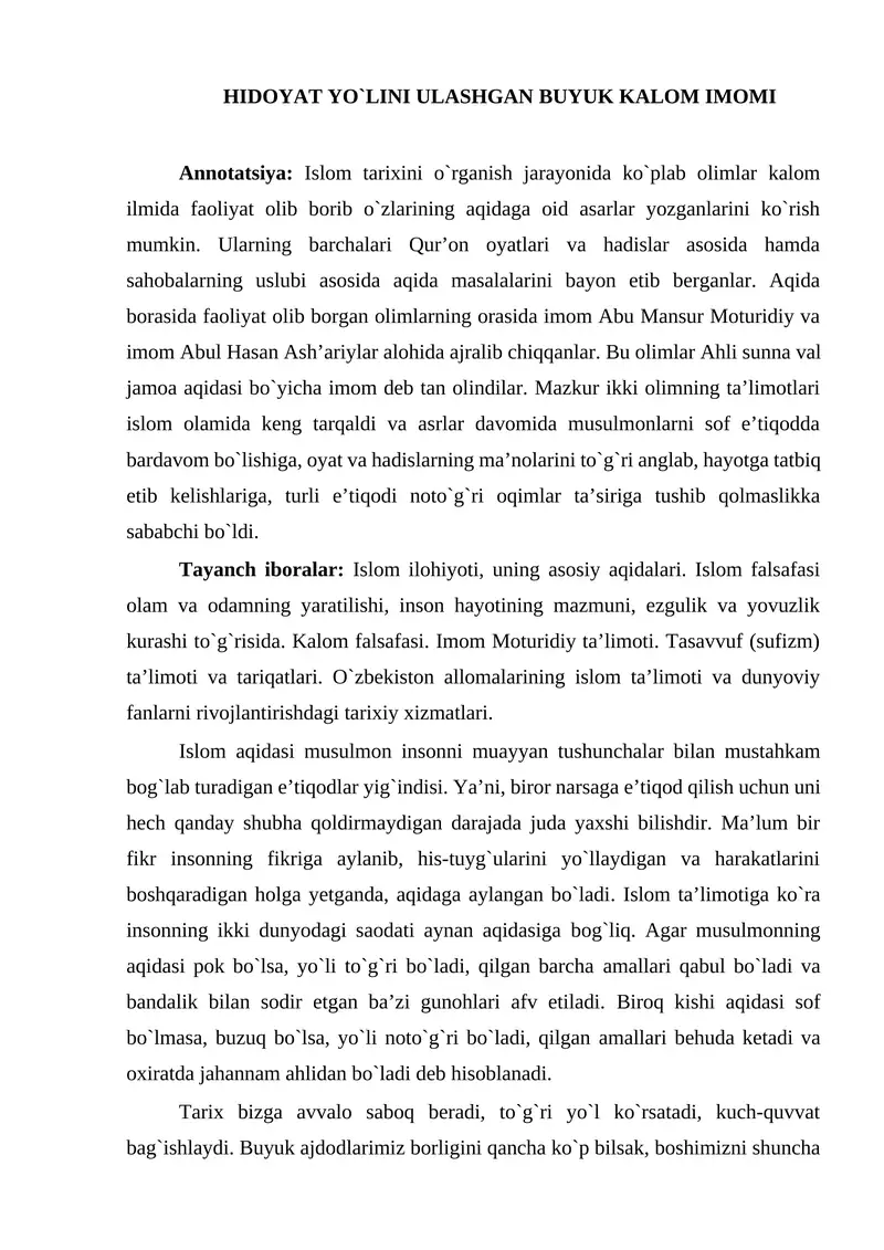 MAQOLA Hidoyat yo'lini ulashgan buyuk kalom imomi