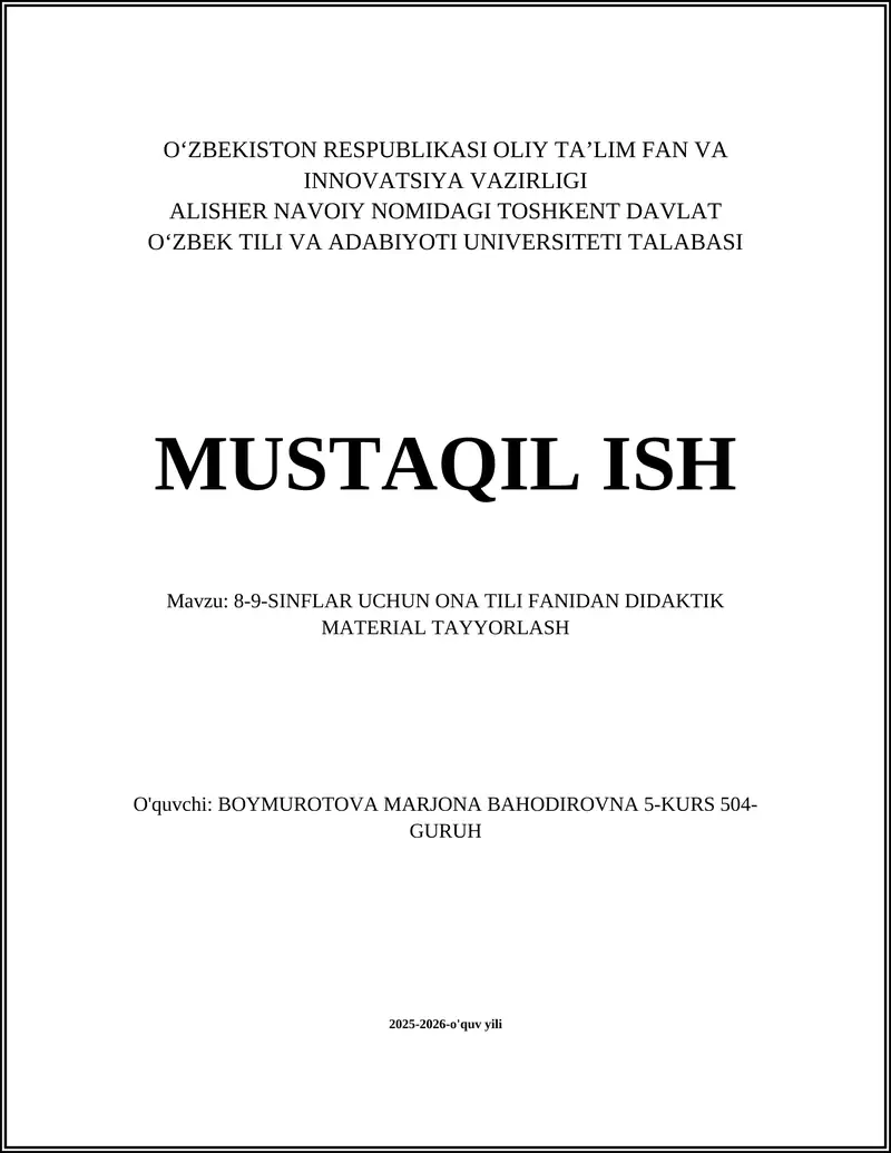 8-9-SINFLAR UCHUN ONA TILI FANIDAN DIDAKTIK MATERIAL TAYYORLASH