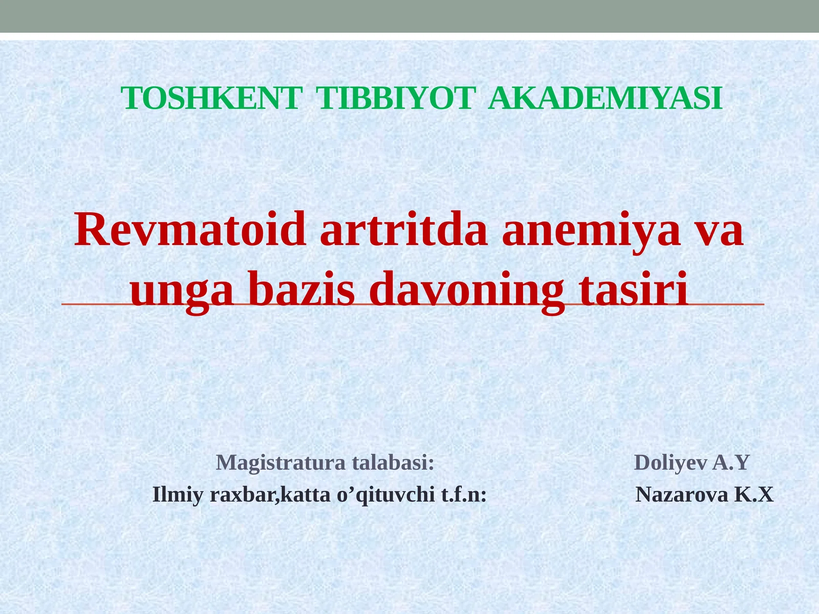 Revmatoidartritda anemiya va unga bazis davoning ta'siri