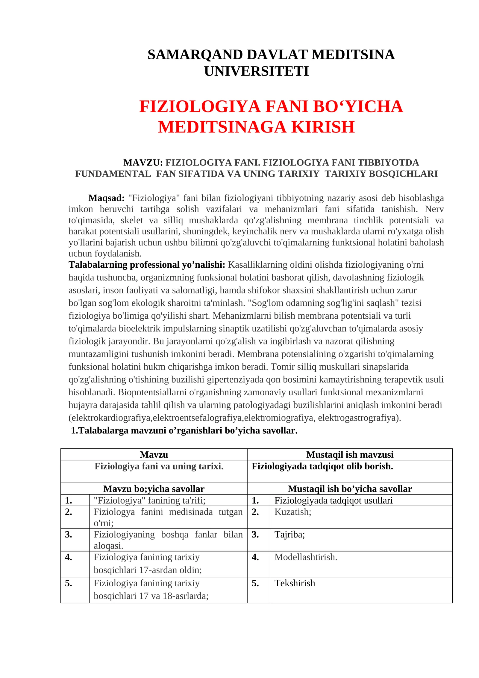 Fiziologiya Fani Bo'yiicha Meditsinaga Kirish