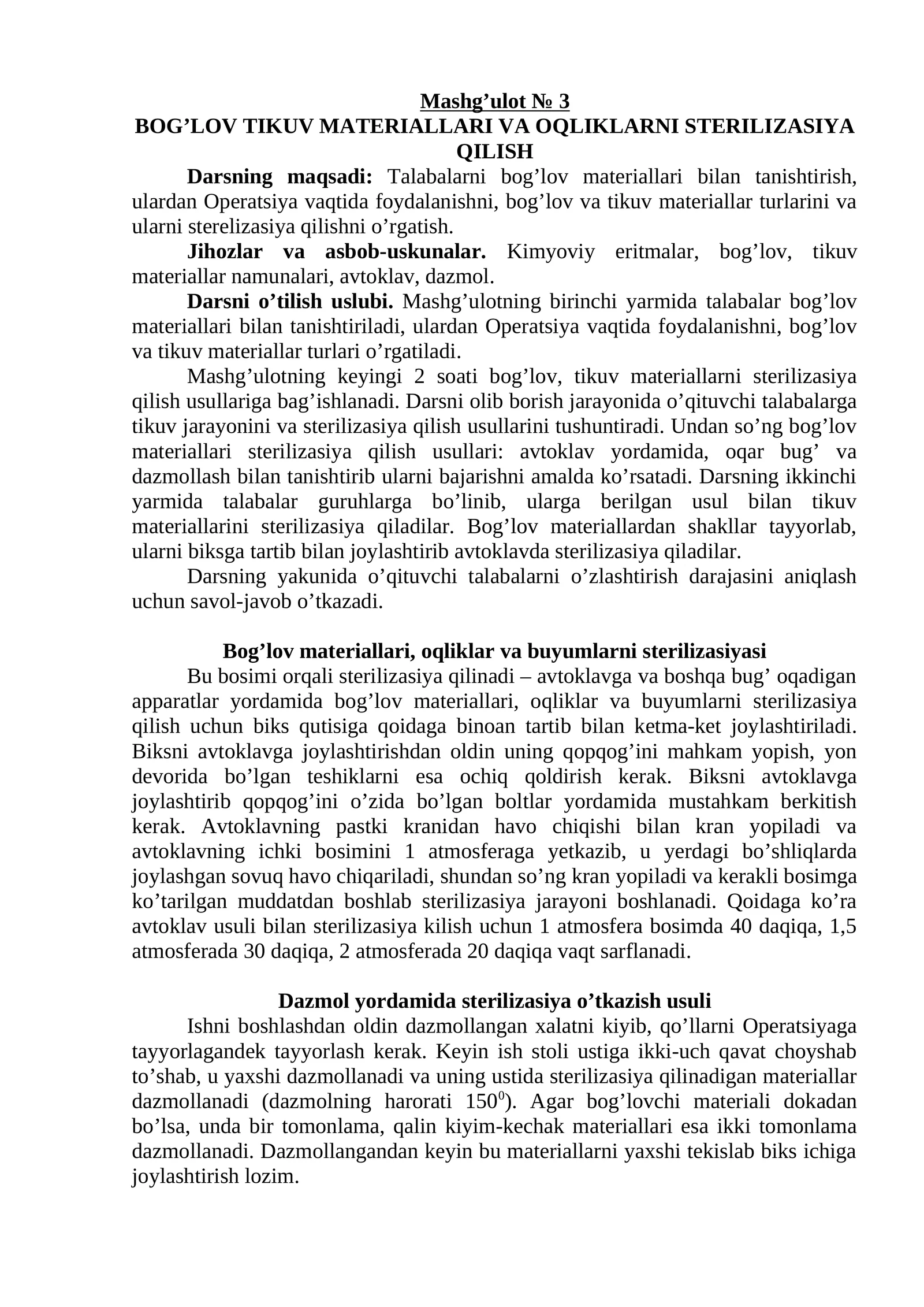 BOG’LOV TIKUV MATERIALLARI VA OQLIKLARNI STERILIZASIYA QILISH