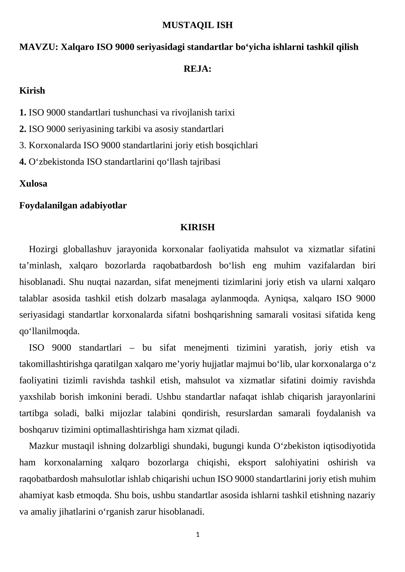 Xalqaro ISO 9000 seriyasidagi standartlar bo‘yicha ishlarni tashkil qilish