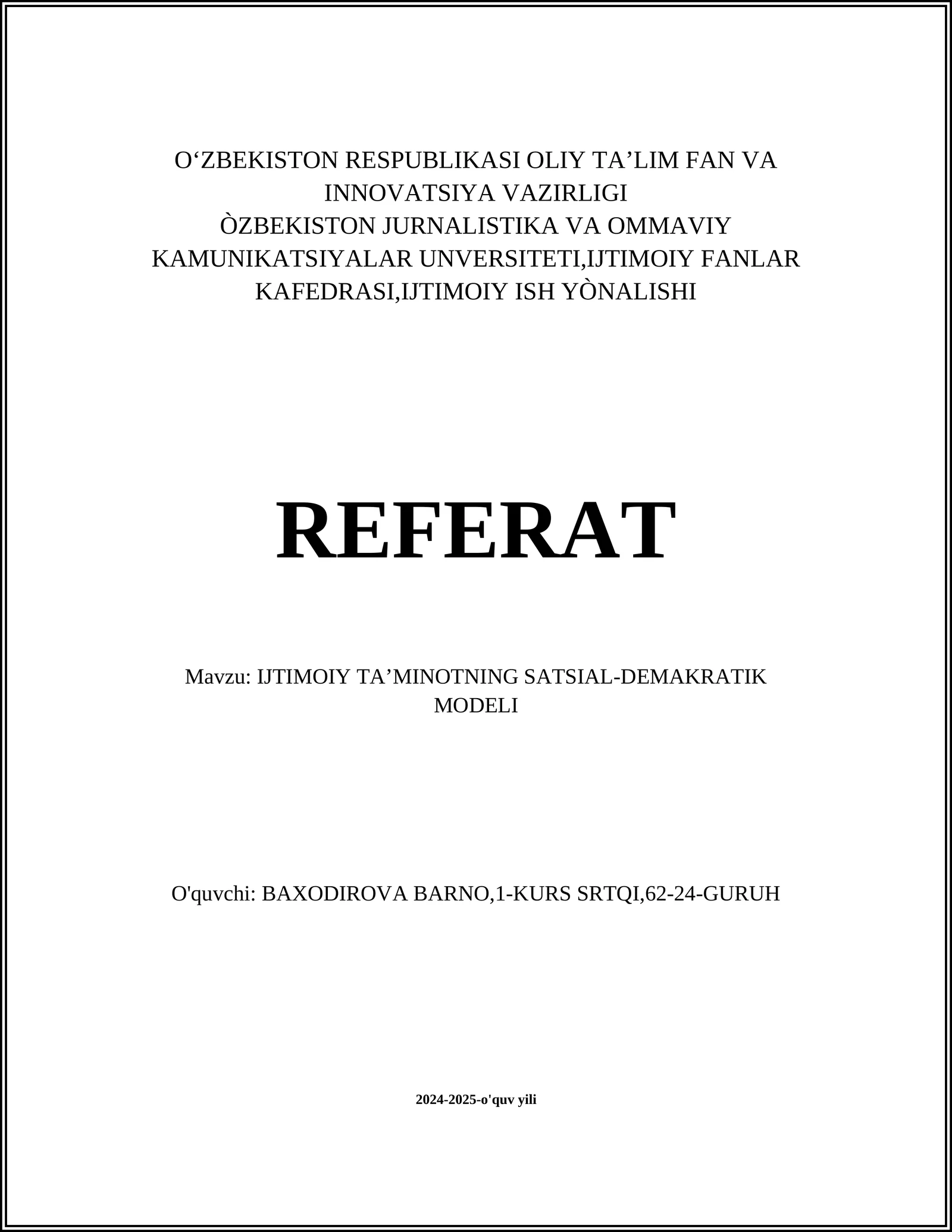 IJTIMOIY TA’MINOTNING SATSIAL-DEMAKRATIK MODELI