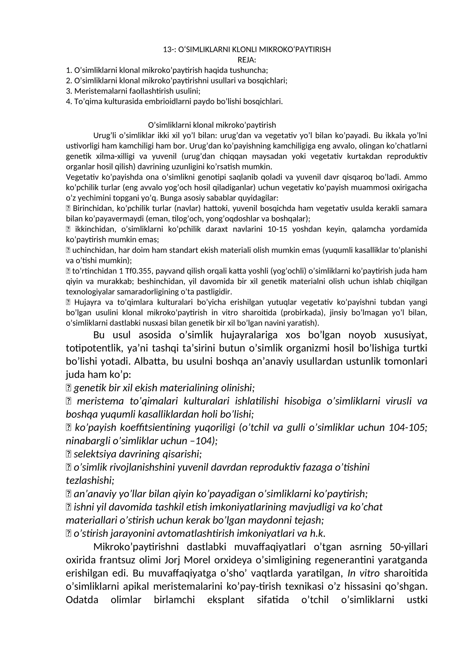 O‘simliklarni klonli mikroko‘paytirish