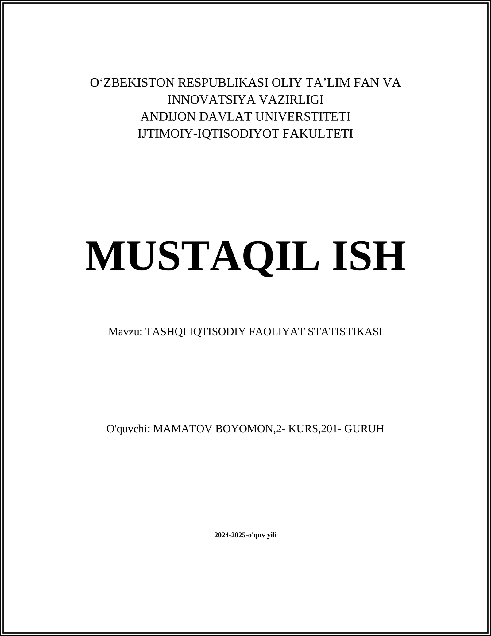 TASHQI IQTISODIY FAOLIYAT STATISTIKASI