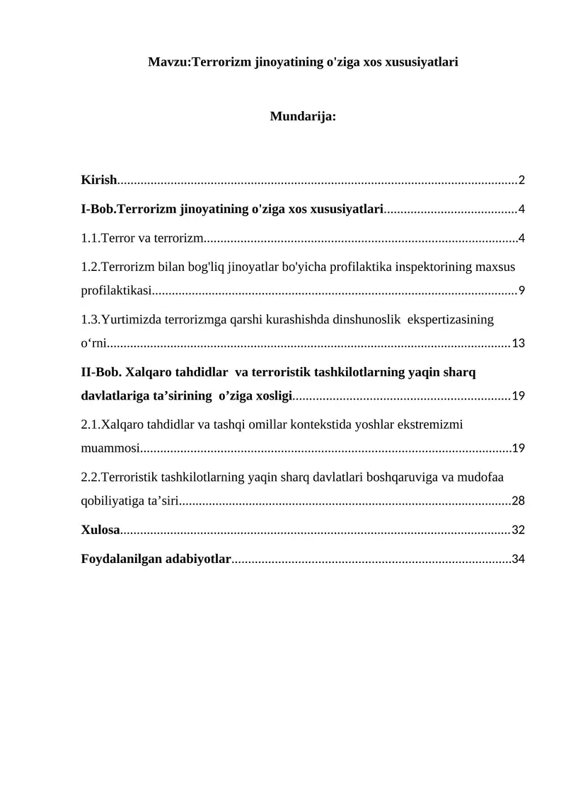 Terrorizm jinoyatining o'ziga xos xususiyatlari