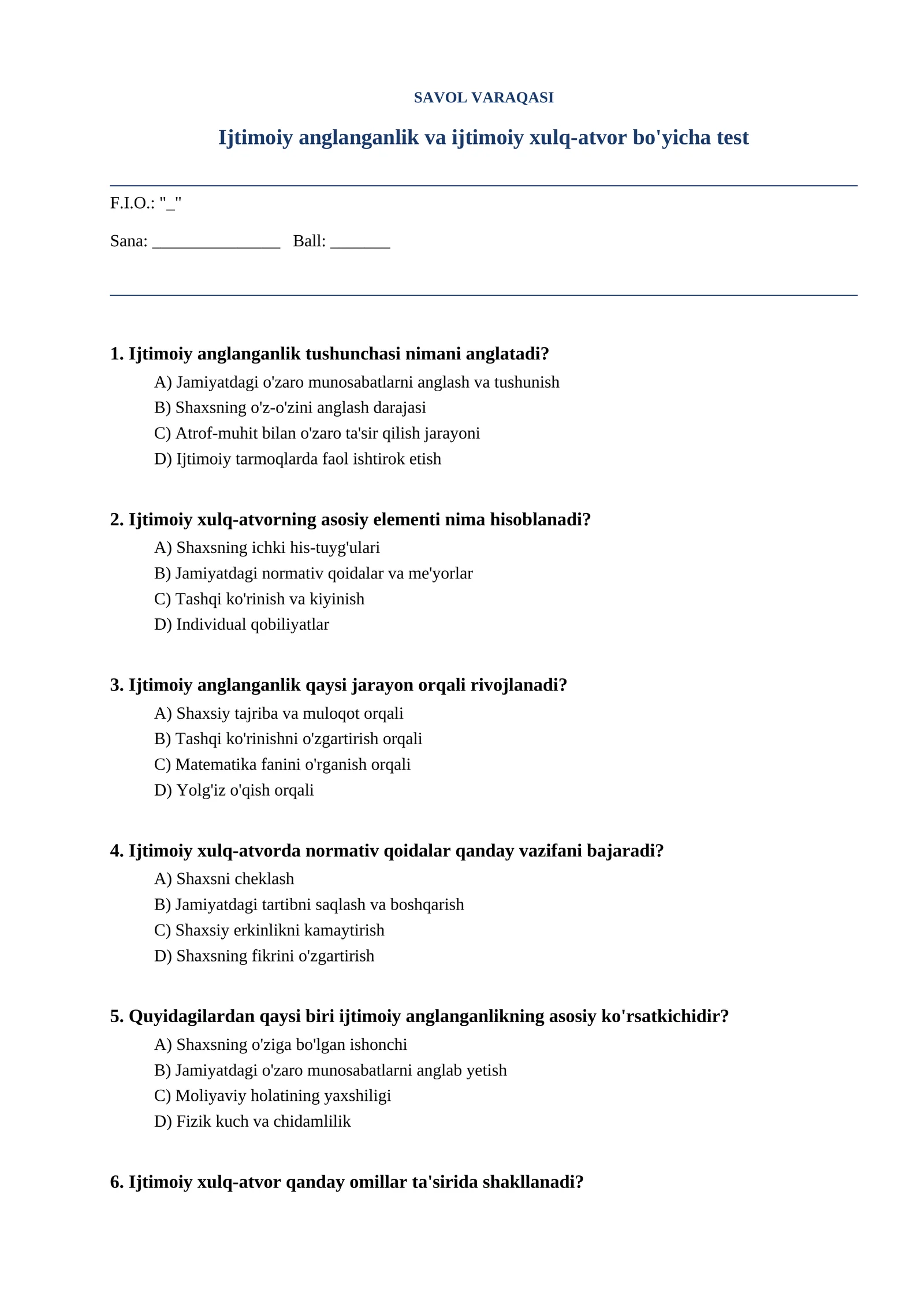 Ijtimoiy anglanganlik va ijtimoiy xulq-atvor bo'yicha test