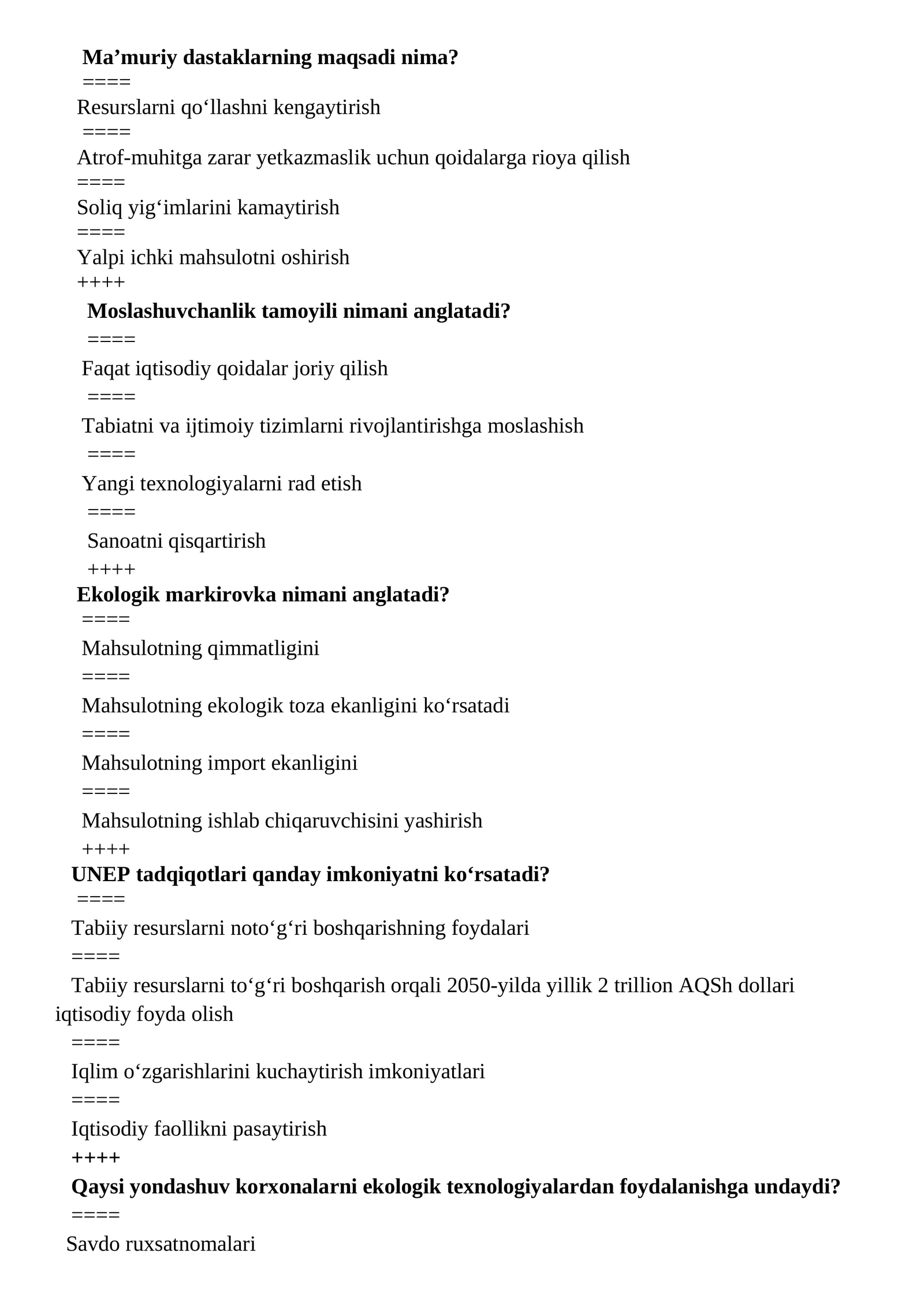 Yashil iqtisodiyot fanidan yakuniy testlar