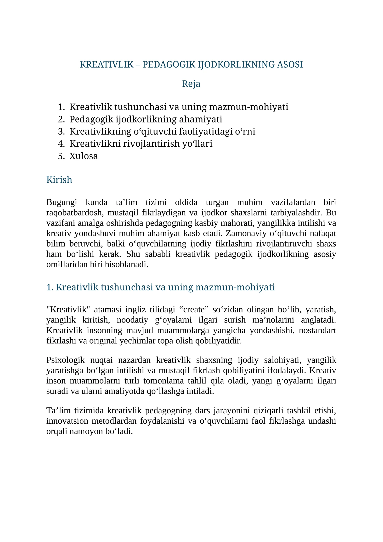 KREATIVLIK – PEDAGOGIK IJODKORLIKNING ASOSI