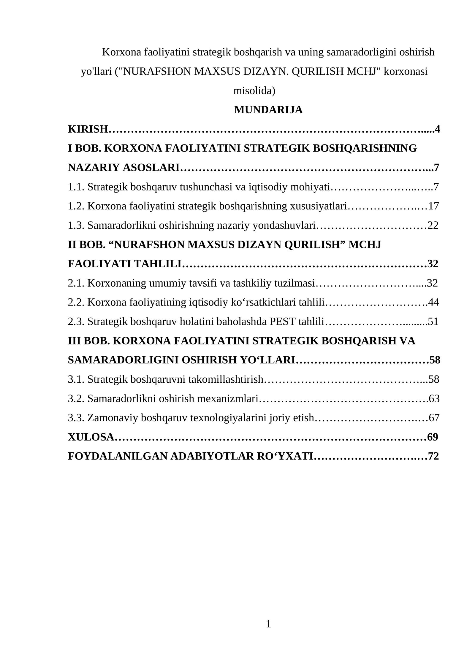 Korxona faoliyatini strategik boshqarish va uning samaradorligini oshirish yo'llari ("NURAFSHON MAXSUS DIZAYN. QURILISH MCHJ" korxonasi misolida)