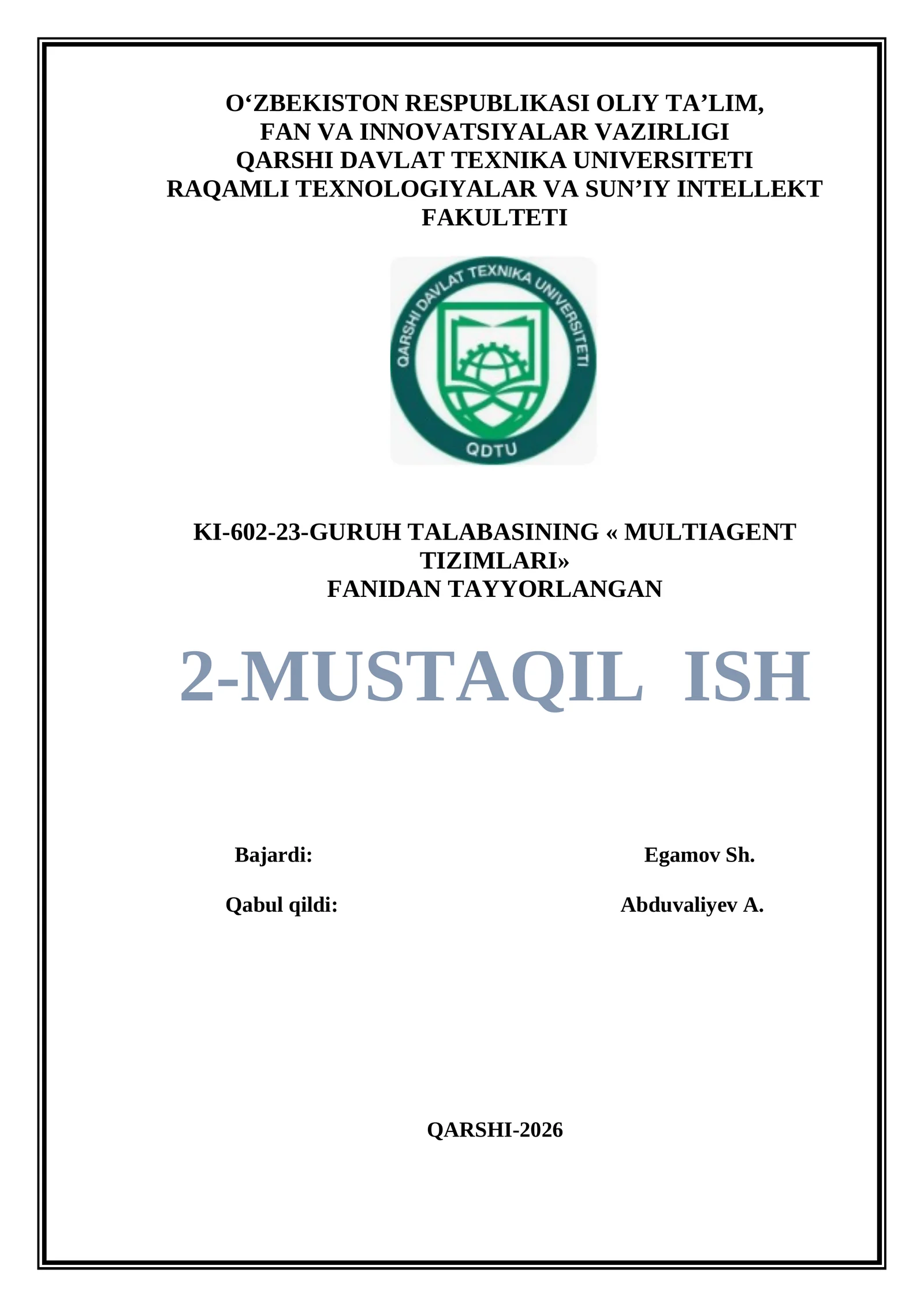 Multiagent tizimlarni xavfsizligini ta’minlash bo‘yicha choralar
