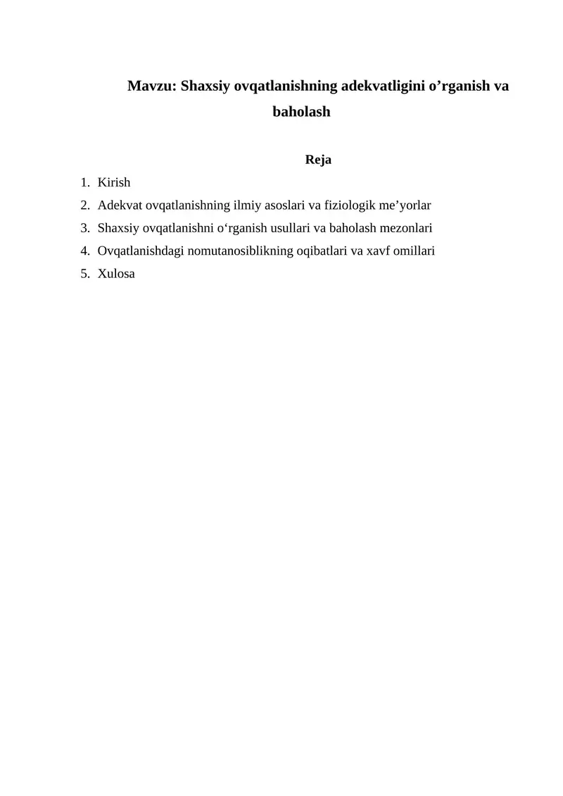 Shaxsiy ovqatlanishning adekvatligini o’rganish va baholash