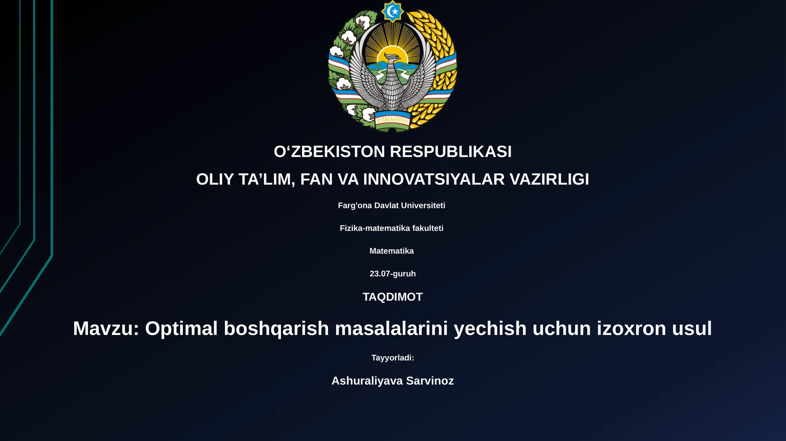 Optimal boshqarish masalalarini yechish uchun izoxron usuli