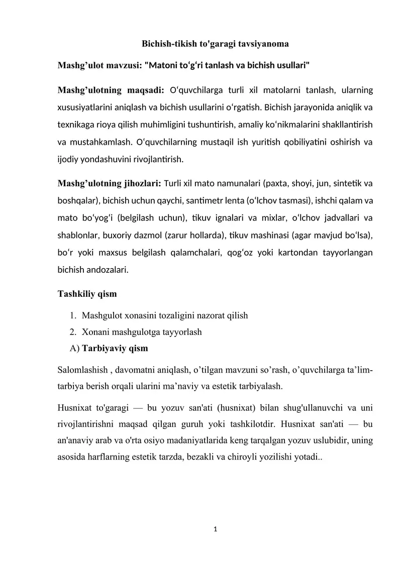 Bichish-tikish to'garagi tavsiyanoma