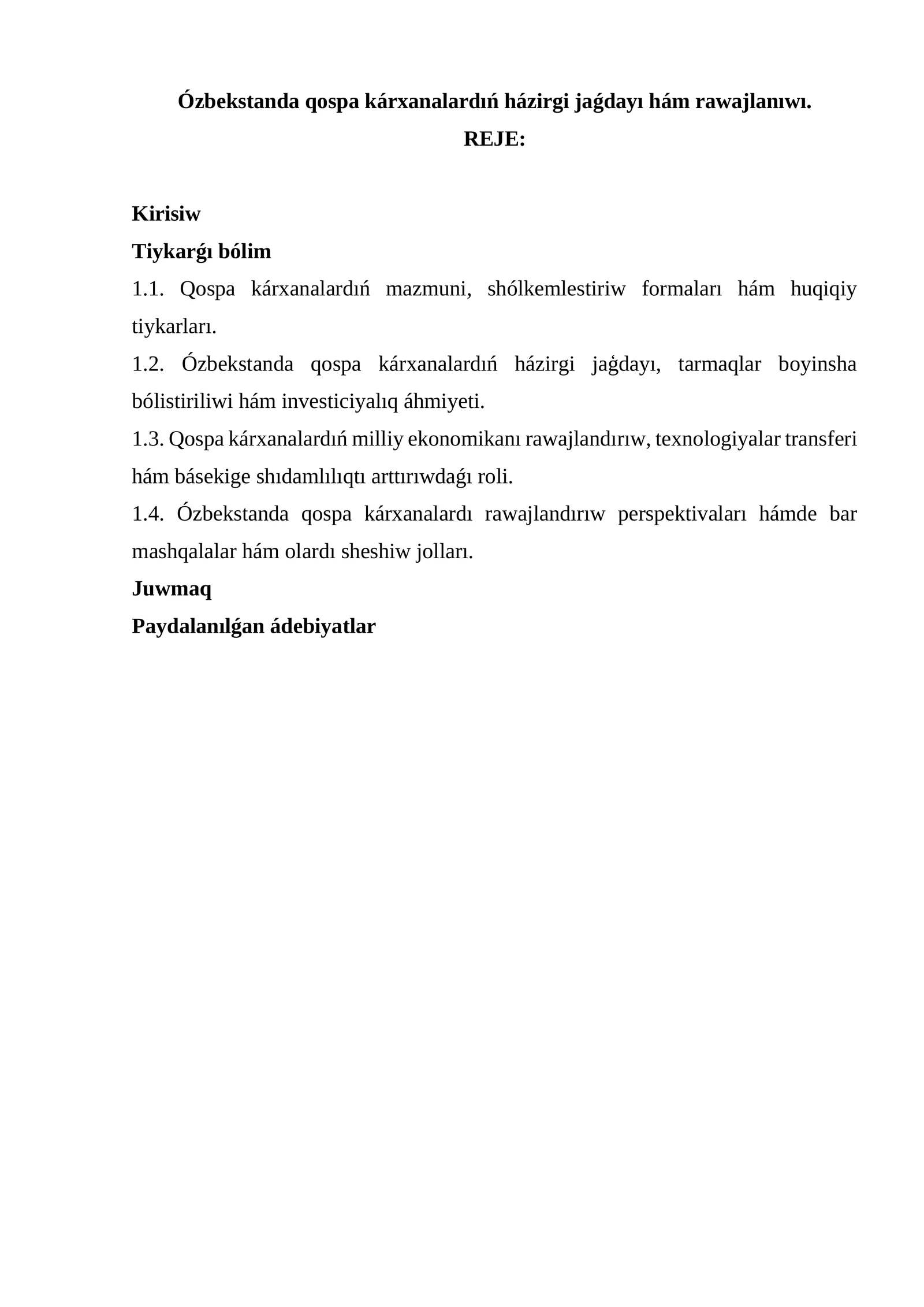 Ózbekstanda qospa kárxanalardıń házirgi jaǵdayı hám rawajlanıwı