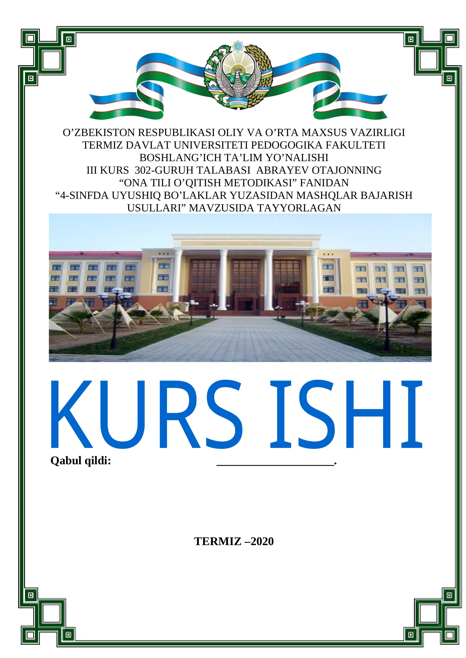 4-SINFDA UYUSHIQ BO’LAKLAR YUZASIDAN MASHQLAR BAJARISH USULLARI