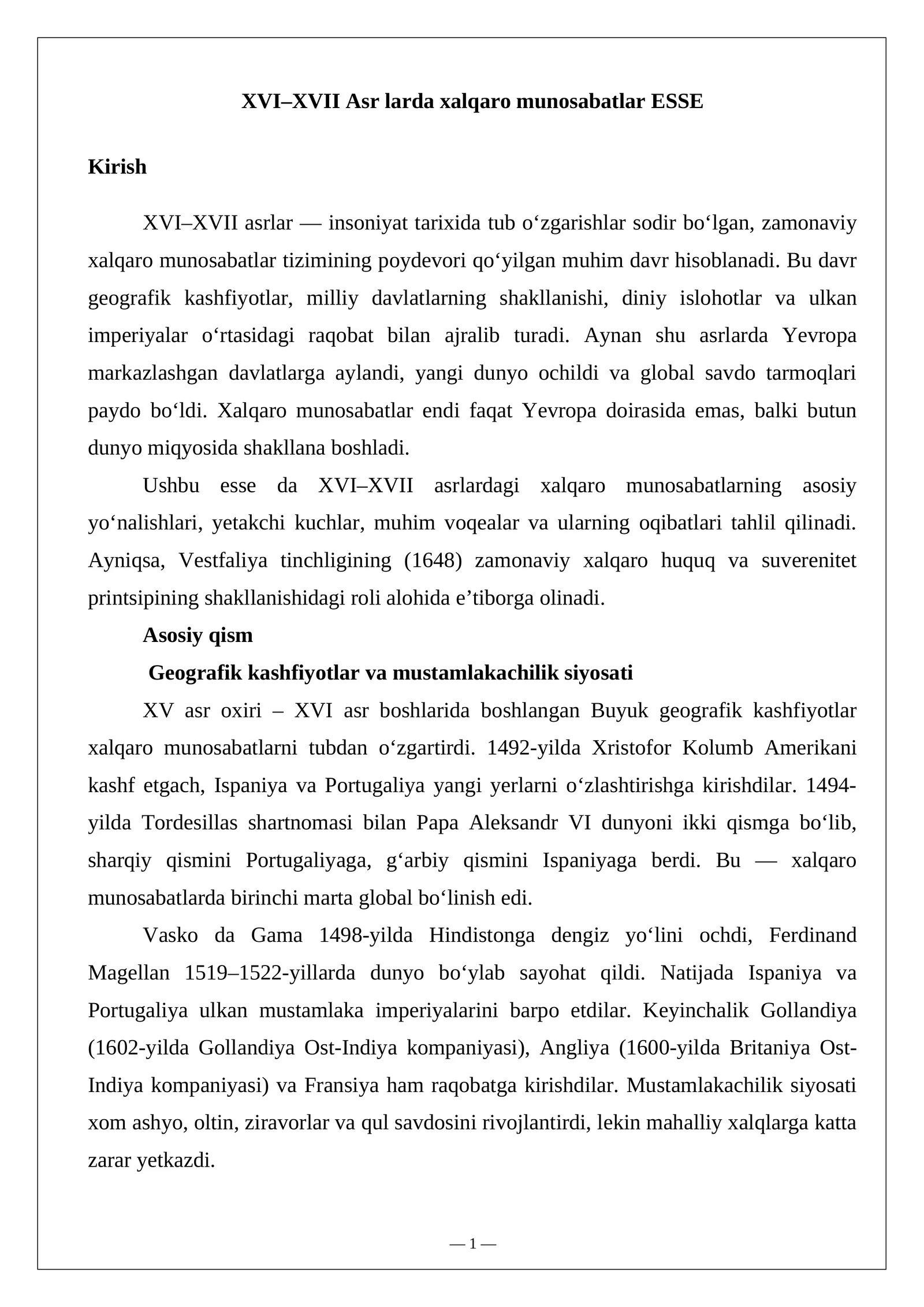 XVI–XVII Asr larda xalqaro munosabatlar ESSE