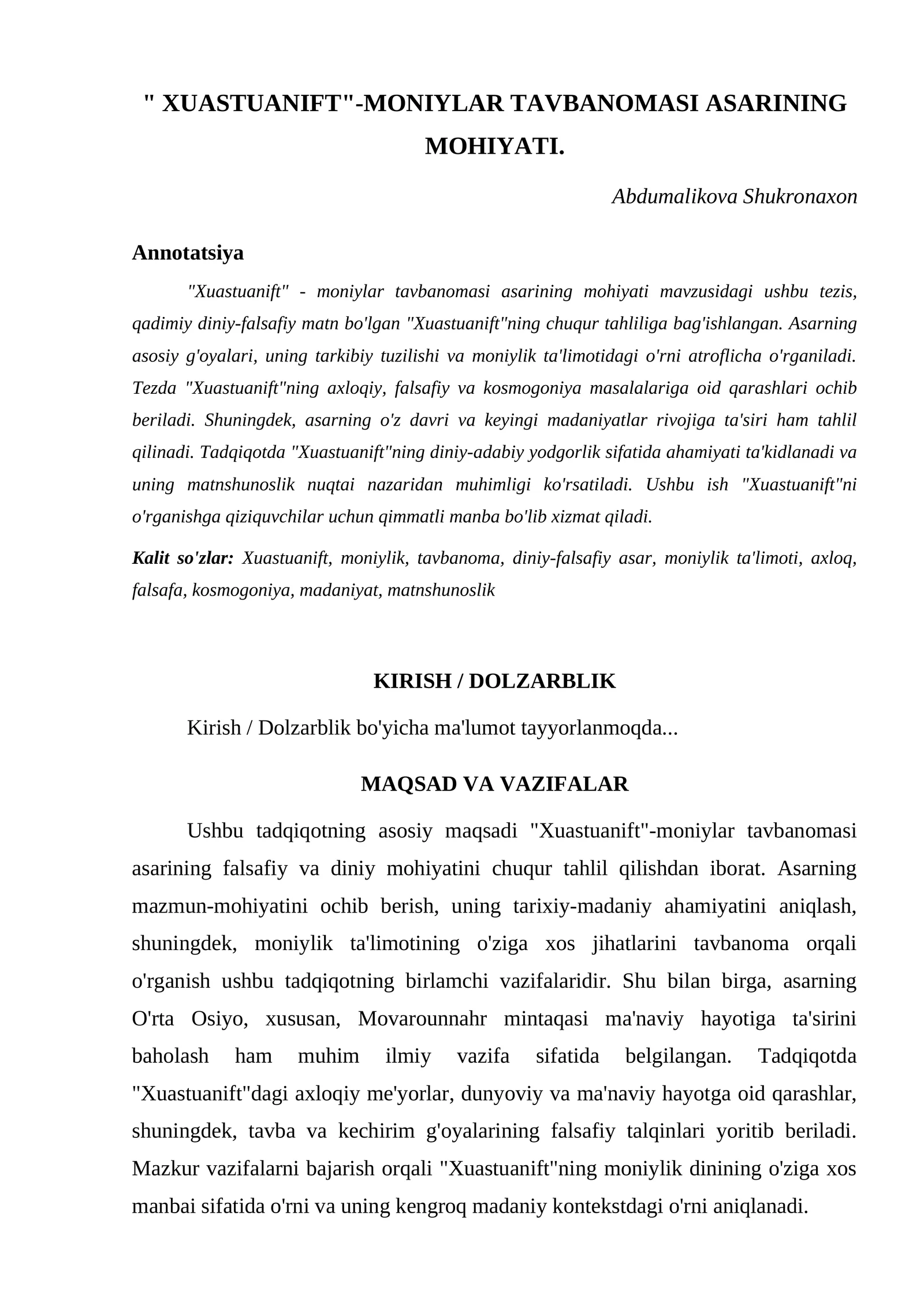 "XUASTUANIFT"-MONIYLAR TAVBANOMASI ASARINING MOHIYATI