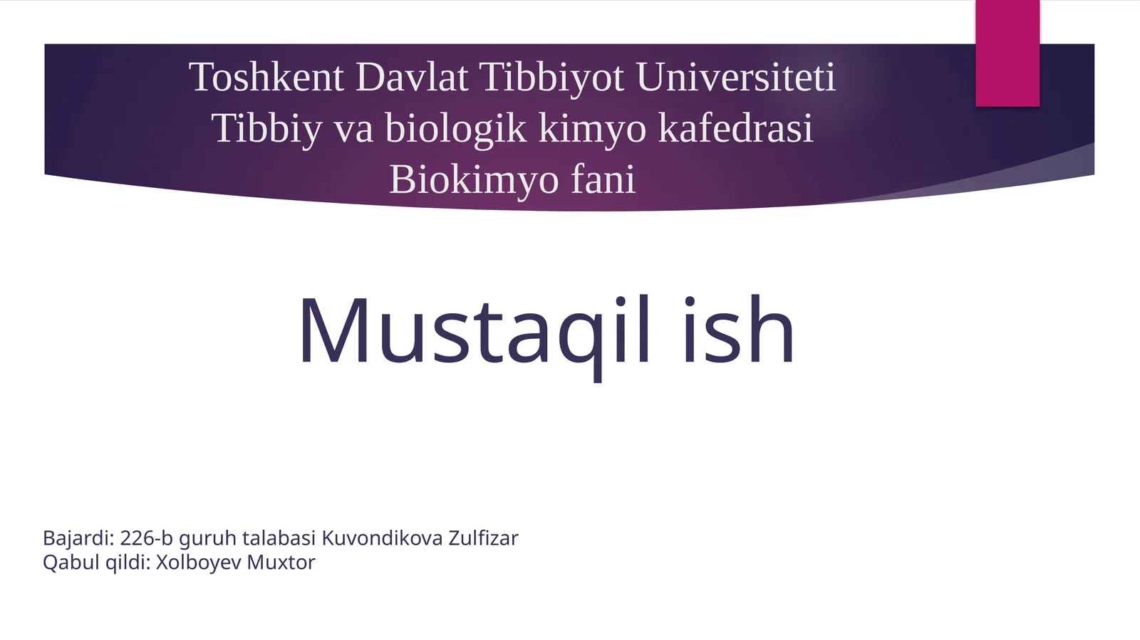 Pankreatit rivojlanishining biokimyoviy asoslari, davolash va diagnostika tamoyillari, ingichka ichakda parchalanish mahsulotlari so’rilishining buzilishi (seliakiya), kron kasalligi va yarali kolit rivojlanishining biokimyoviy asoslari