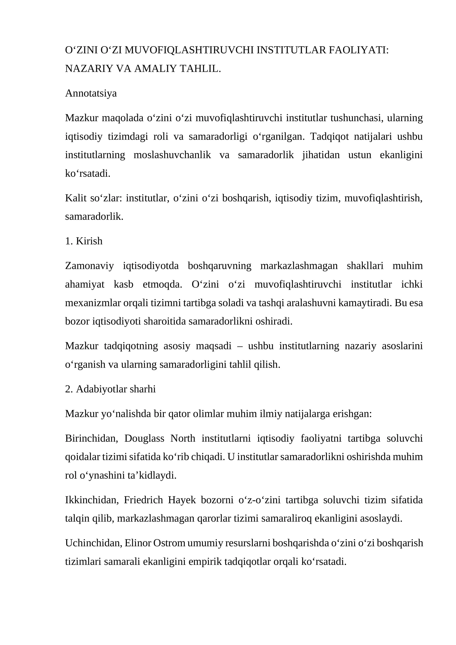 O‘ZINI O‘ZI MUVOFIQLASHTIRUVCHI INSTITUTLAR FAOLIYATI: NAZARIY VA AMALIY TAHLIL