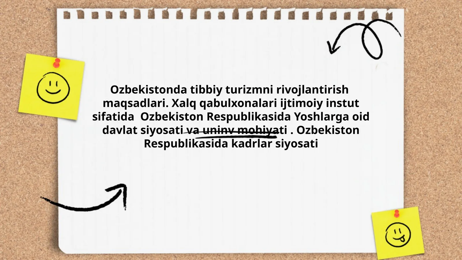 Ozbekistonda tibbiy turizmni rivojlantirish maqsadlari. Xalq qabulxonalari ijtimoiy instut sifatida Ozbekiston Respublikasida Yoshlarga oid davlat siyosati va uninv mohiyati. Ozbekiston Respublikasida kadrlar siyosati