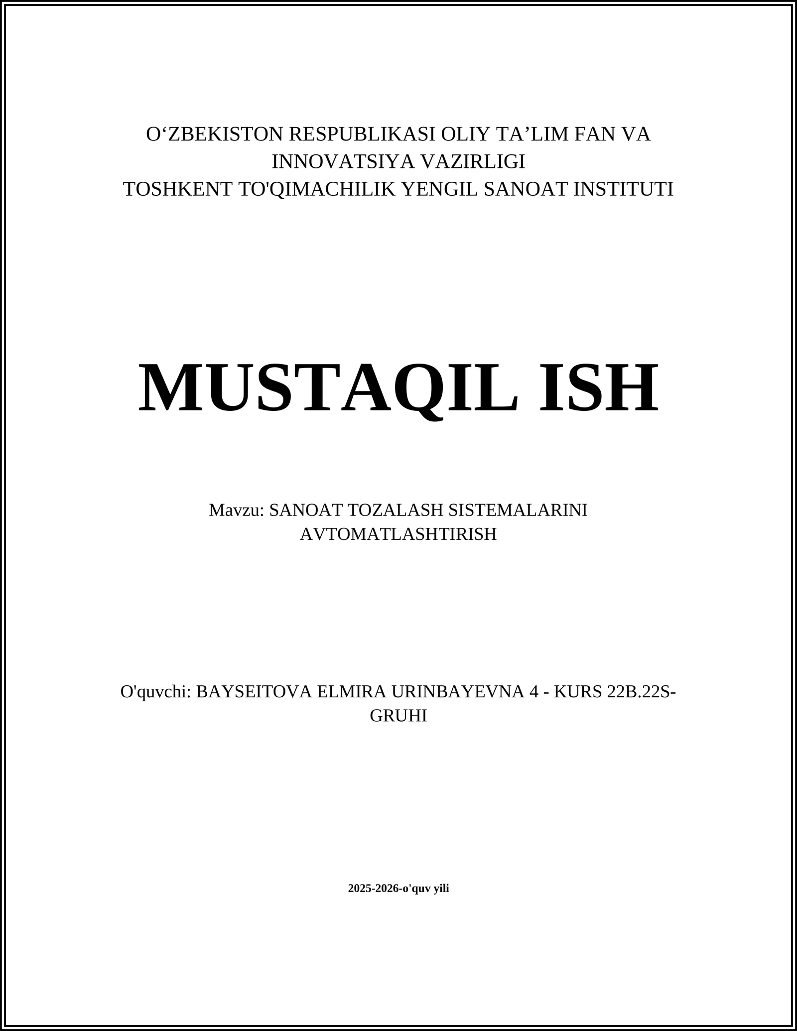 SANOAT TOZALASH SISTEMALARINI AVTOMATLASHTIRISH