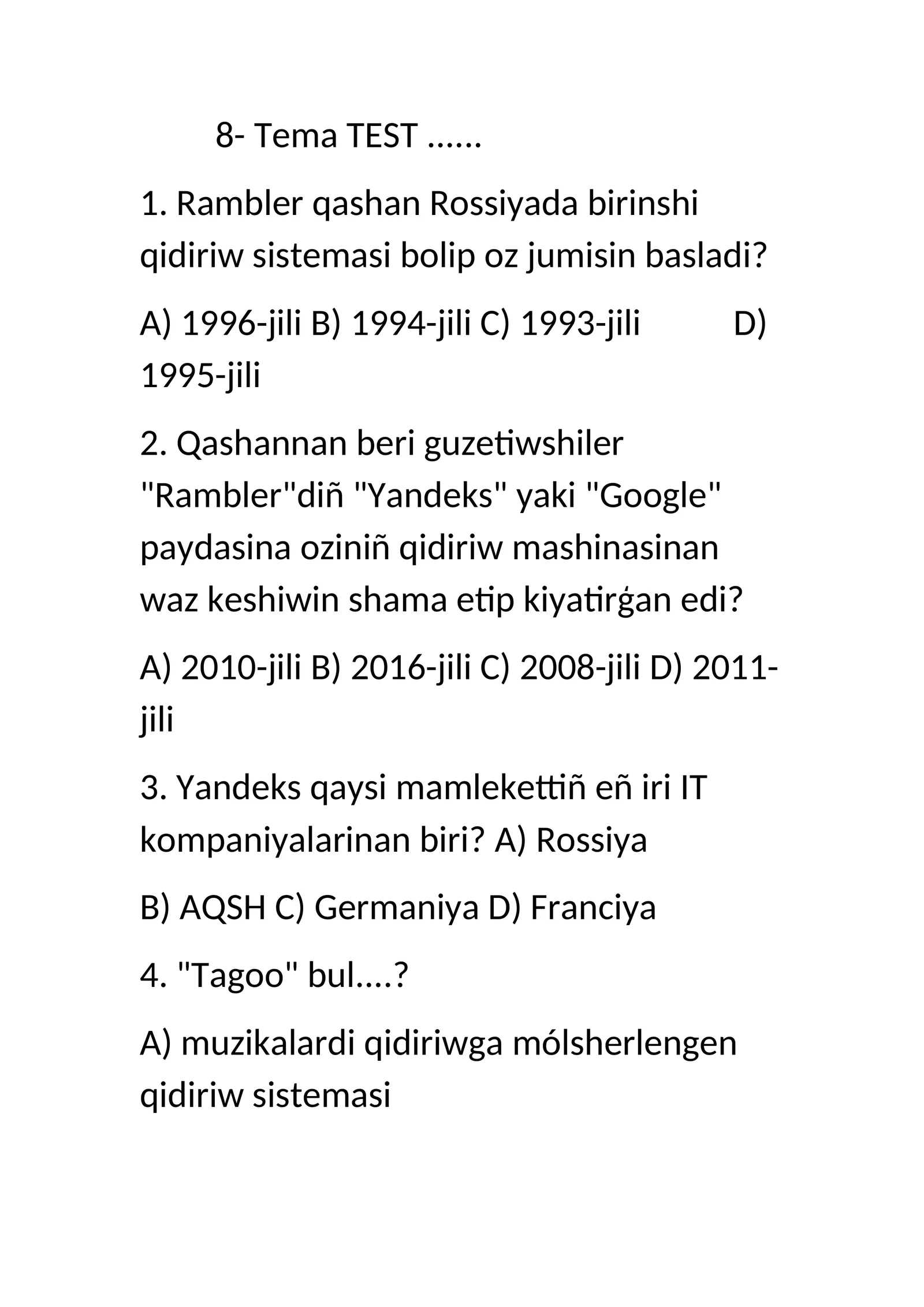 Rambler va Yandeks haqida tushuncha test