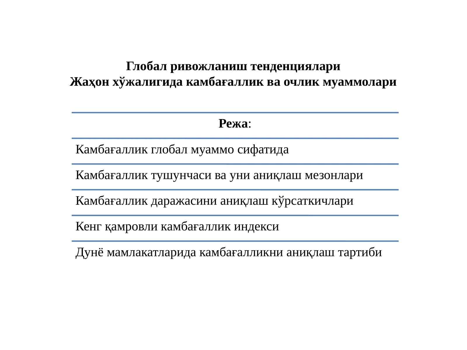 Глобал ривожланиш тенденциялари Жаҳонхўжалигида камбағаллик ва очлик муаммолари