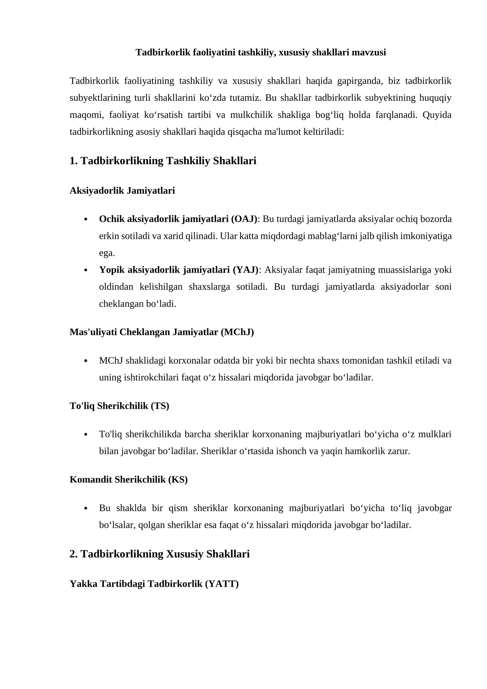 Tadbirkorlik faoliyatini tashkiliy, xususiy shakllari mavzusi
