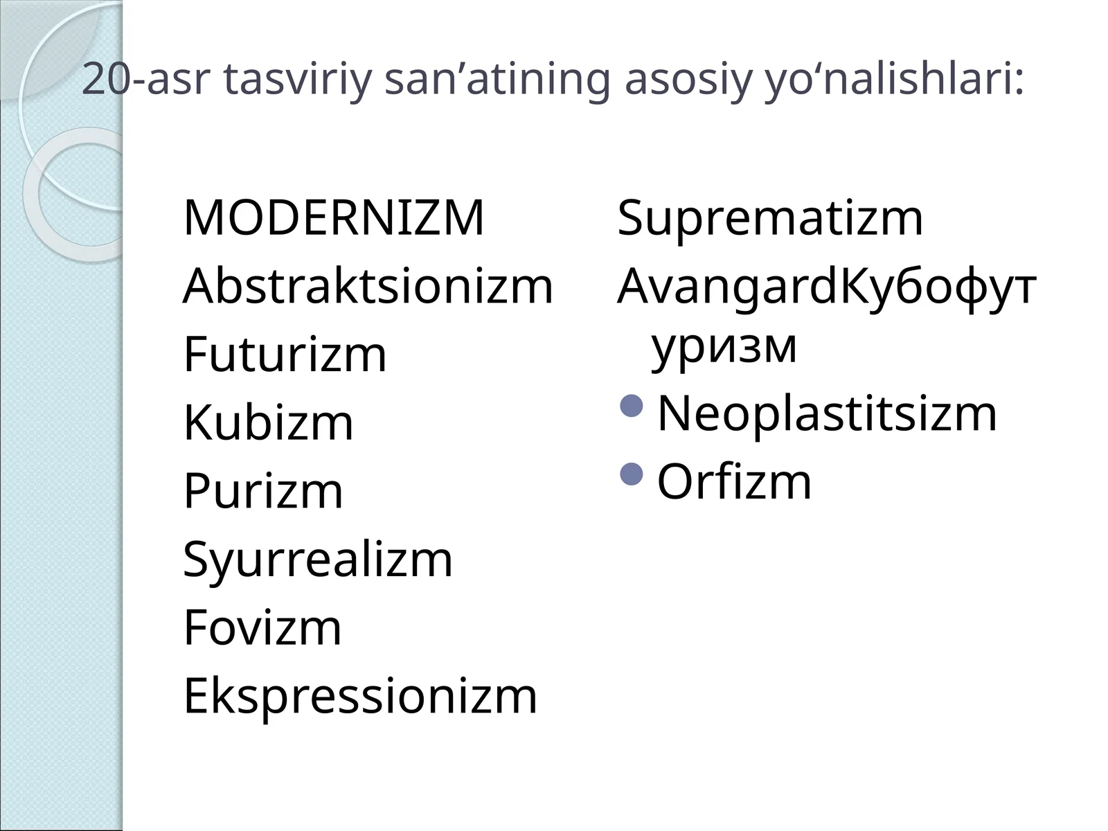 20-asr tasviriy sanʼatining asosiy yoʻnalishlari