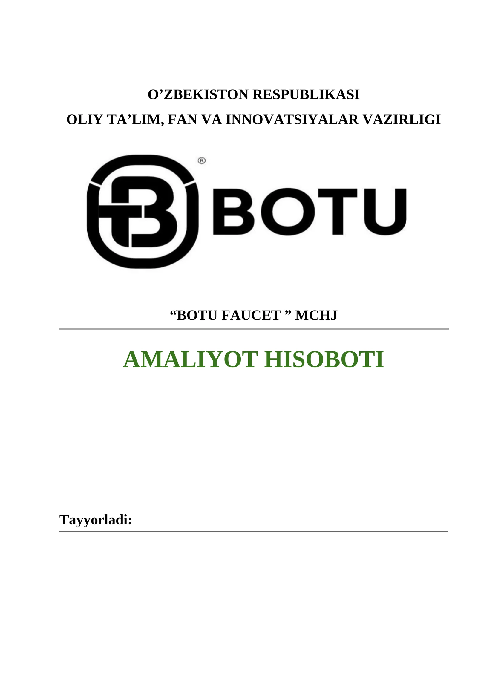 Santexnika do'konida AMALIYOT HISOBOTI